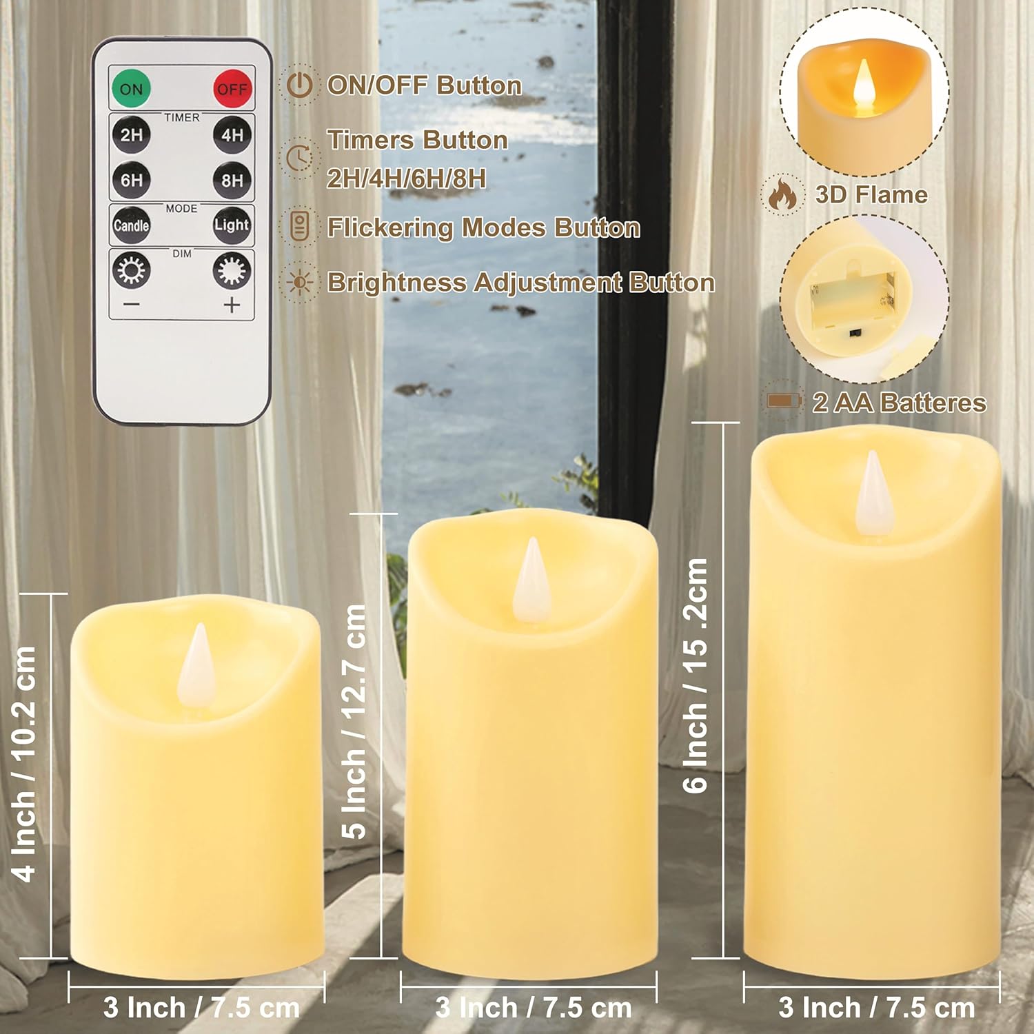 Thumbnail 1 de Auralome LED Electric Timer Candles (Set of 3) with Remote – Battery-operated plastic pillar candles with realistic flicker