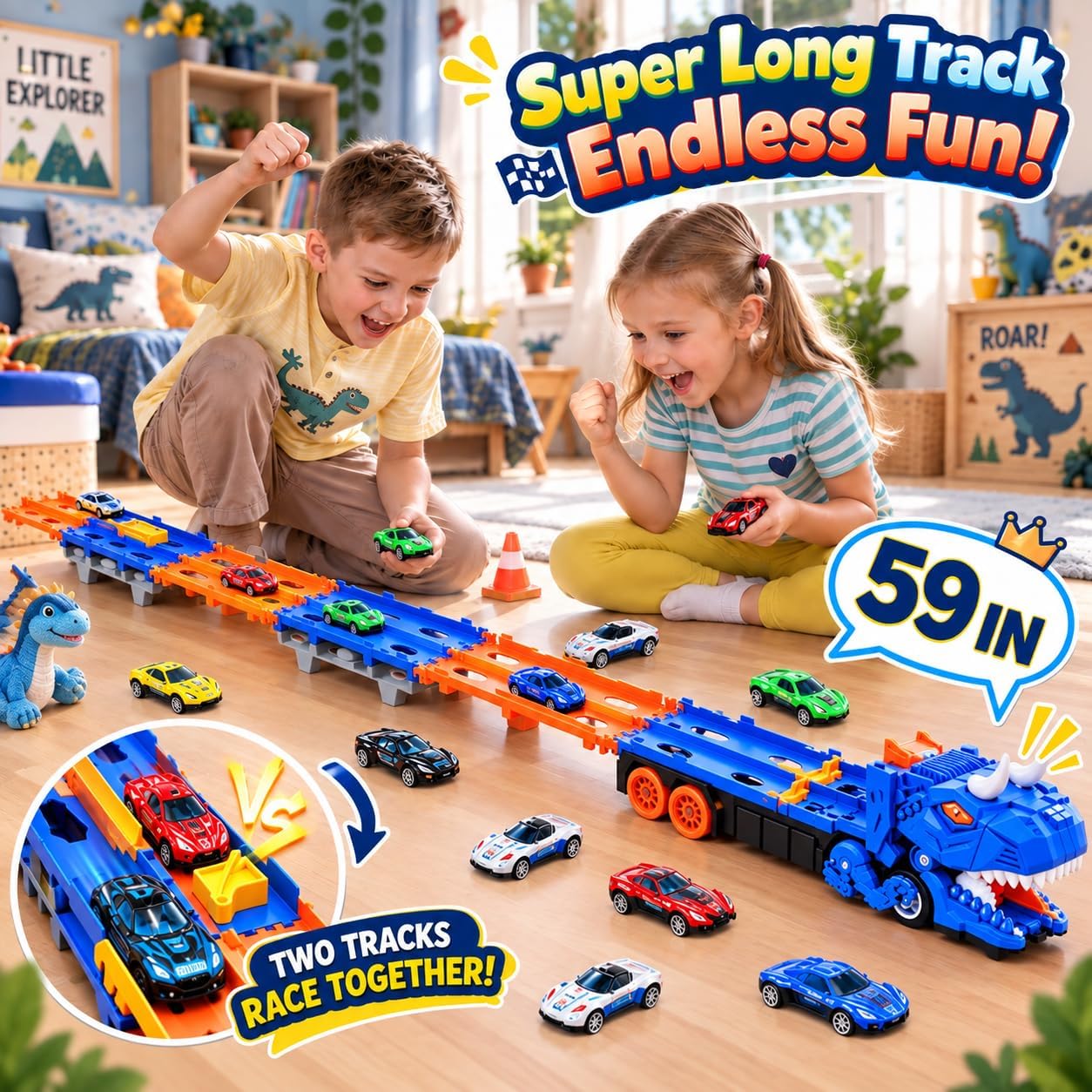 Detalle de TocsQron YM333-1 Dinosaur Race Track Toy with 12 Cars and 150cm Dual Track