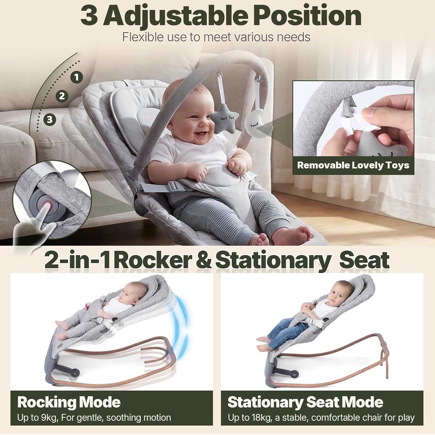 Thumbnail 5 de Electric Baby Bouncer with Tap Control and 3 Swing Speeds