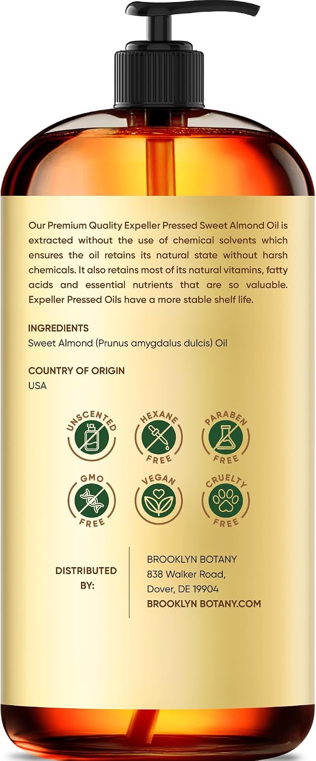 Detalle de Brooklyn Botany Sweet Almond Oil (16 Fl Oz): A practical carrier oil for hair, skin, and massage