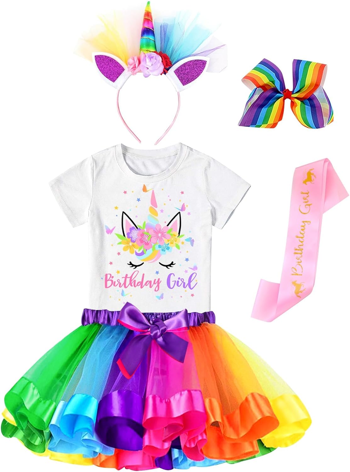 Thumbnail 5 de Doctor Unicorn Birthday Girls Unicorn Costume Outfit (Rainbow Tutu, T-Shirt, Satin Sash, Headband & Bow)