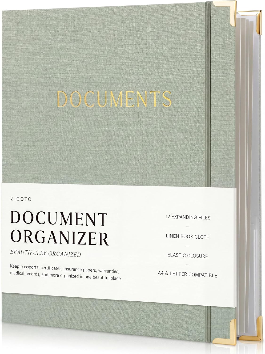 Detalle de ZICOTO zic-docorganizer-sag_24-017a Document Organizer Binder, Sage Linen, 8 Folders