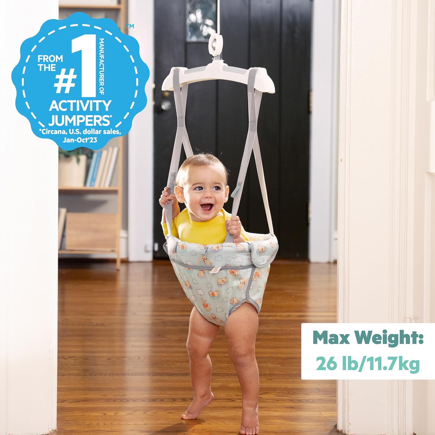 Detalle 2 de Bright Starts Altalena da Porta Winnie the Pooh – Dondolo Neonati, Regolabile, Fissaggio senza attrezzi (4-12 mesi, fino a 12 kg)