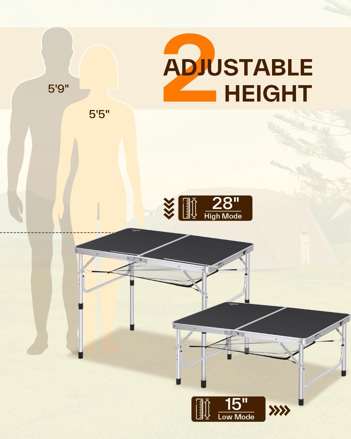 Detalle de Sportneer Y21-80601-52 Folding Camping Table, Adjustable Height with Mesh Storage