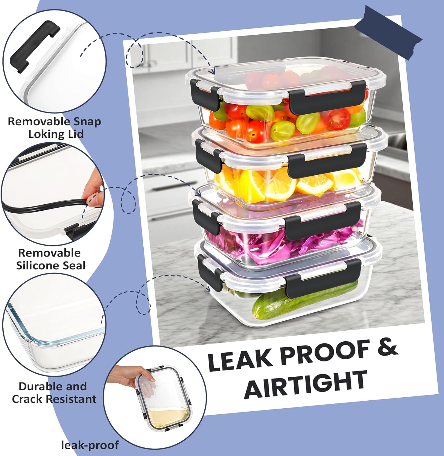 Thumbnail 3 de Hotec 35OZ Airtight Glass Food Storage Containers (4-Pack) — Microwave, Oven, Freezer & Dishwasher Safe