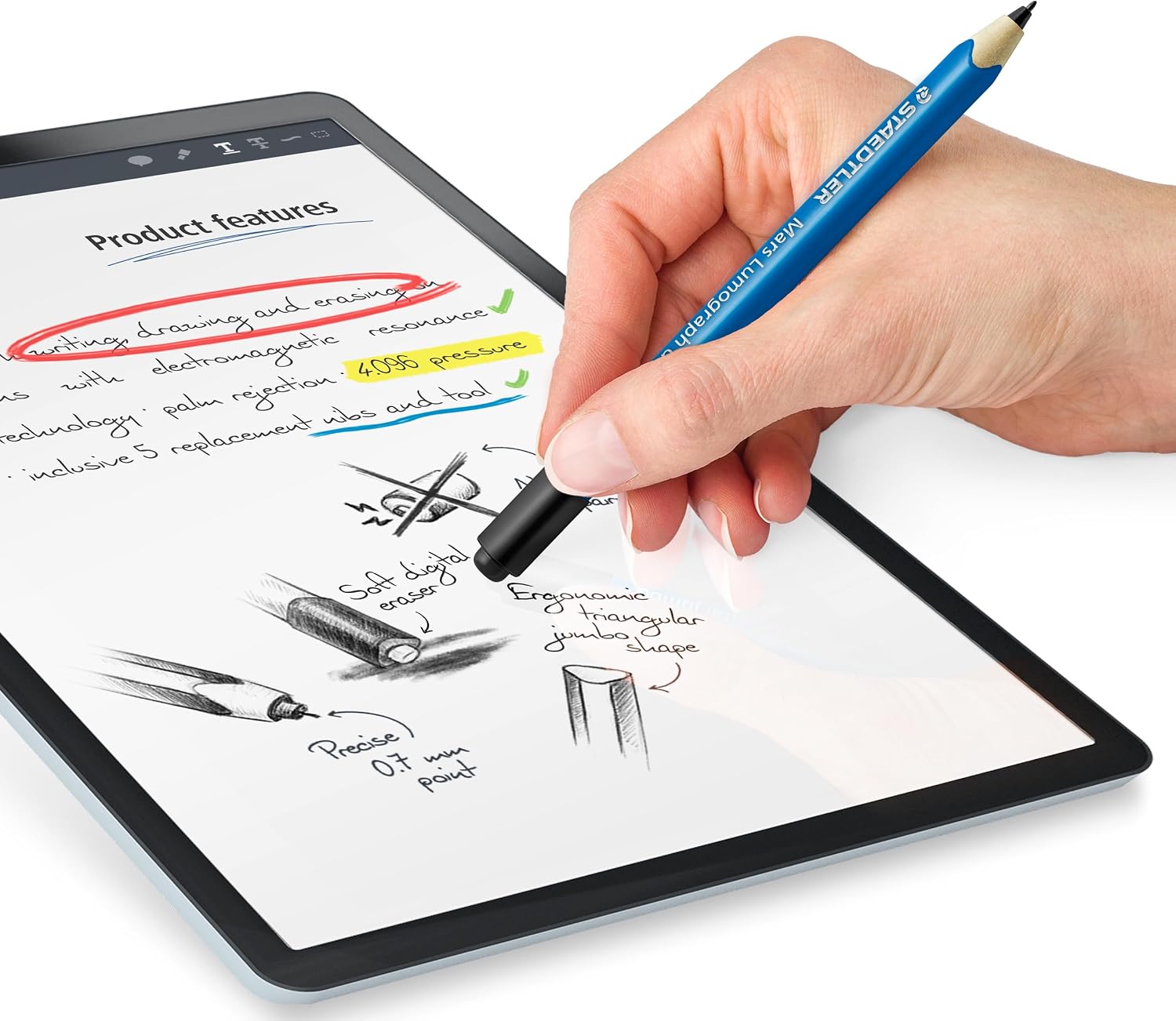Detalle de Staedtler Mars Digital Jumbo 180J 22-3 EMRスタイラスペン 4,096段階筆圧・ソフト消しゴム付き
