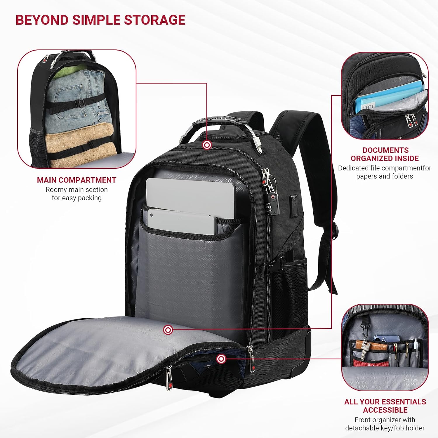 Detalle de Star Cloud Rolling Backpack with Wheels: 17.3" Laptop, USB & Type-C Charging, 45L Carry-On