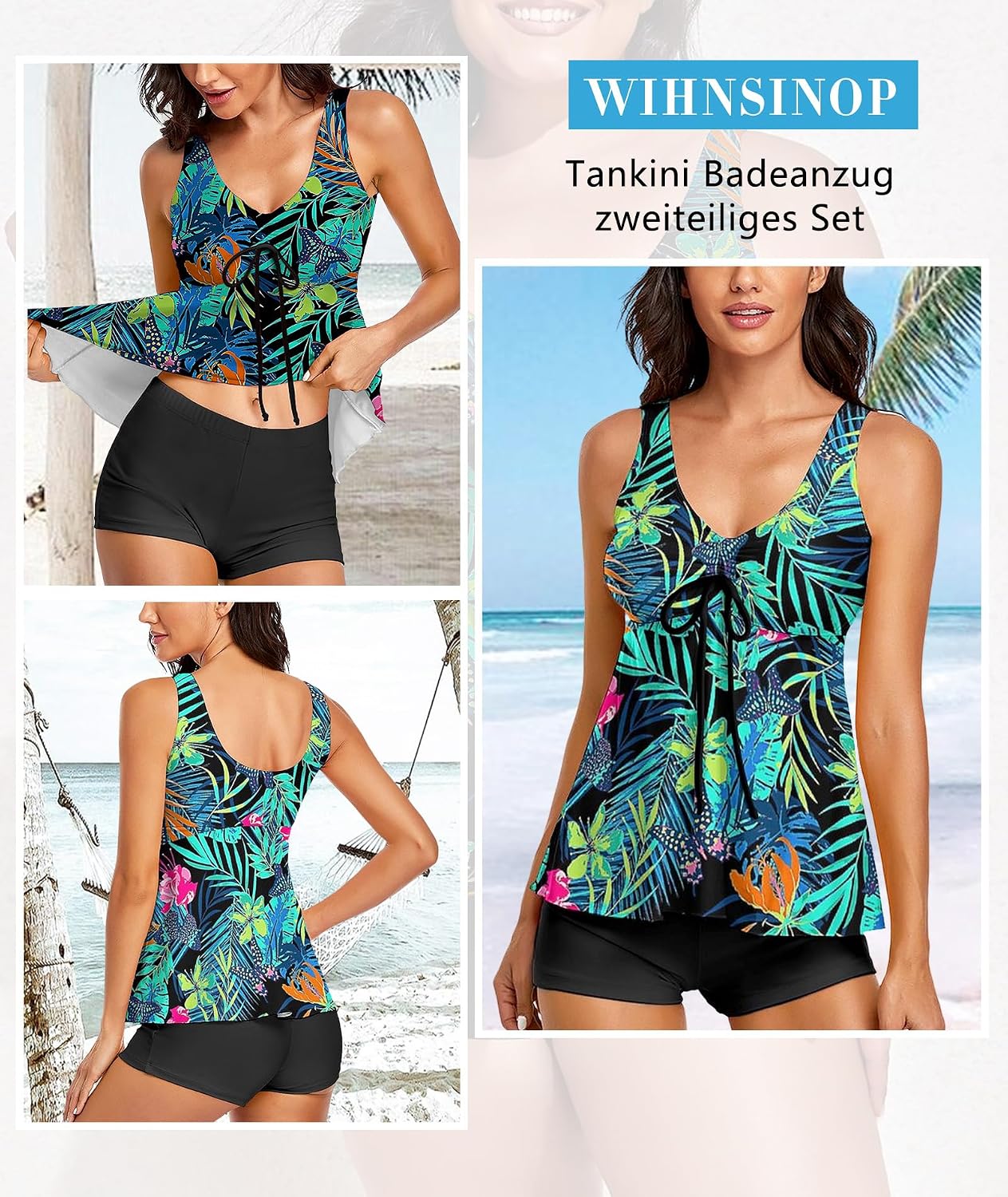 Detalle 2 de Wihnsinop Tankini Damen Bauchweg Set mit Push-Up Oberteil und Badeshorts