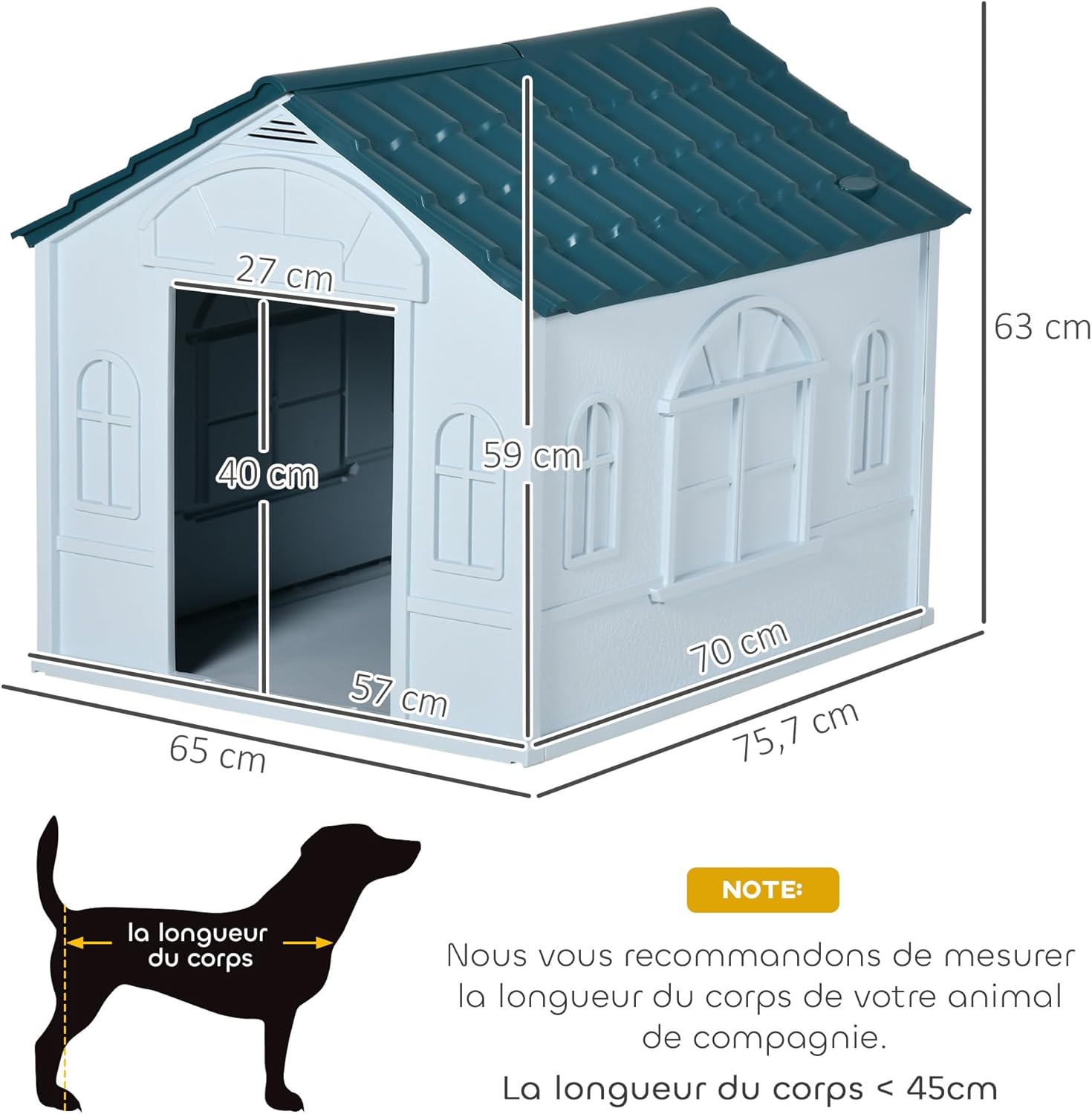 Thumbnail 6 de PawHut niche d’extérieur en PP blanc pour petits et moyens chiens (65 x 75,7 x 63 cm)