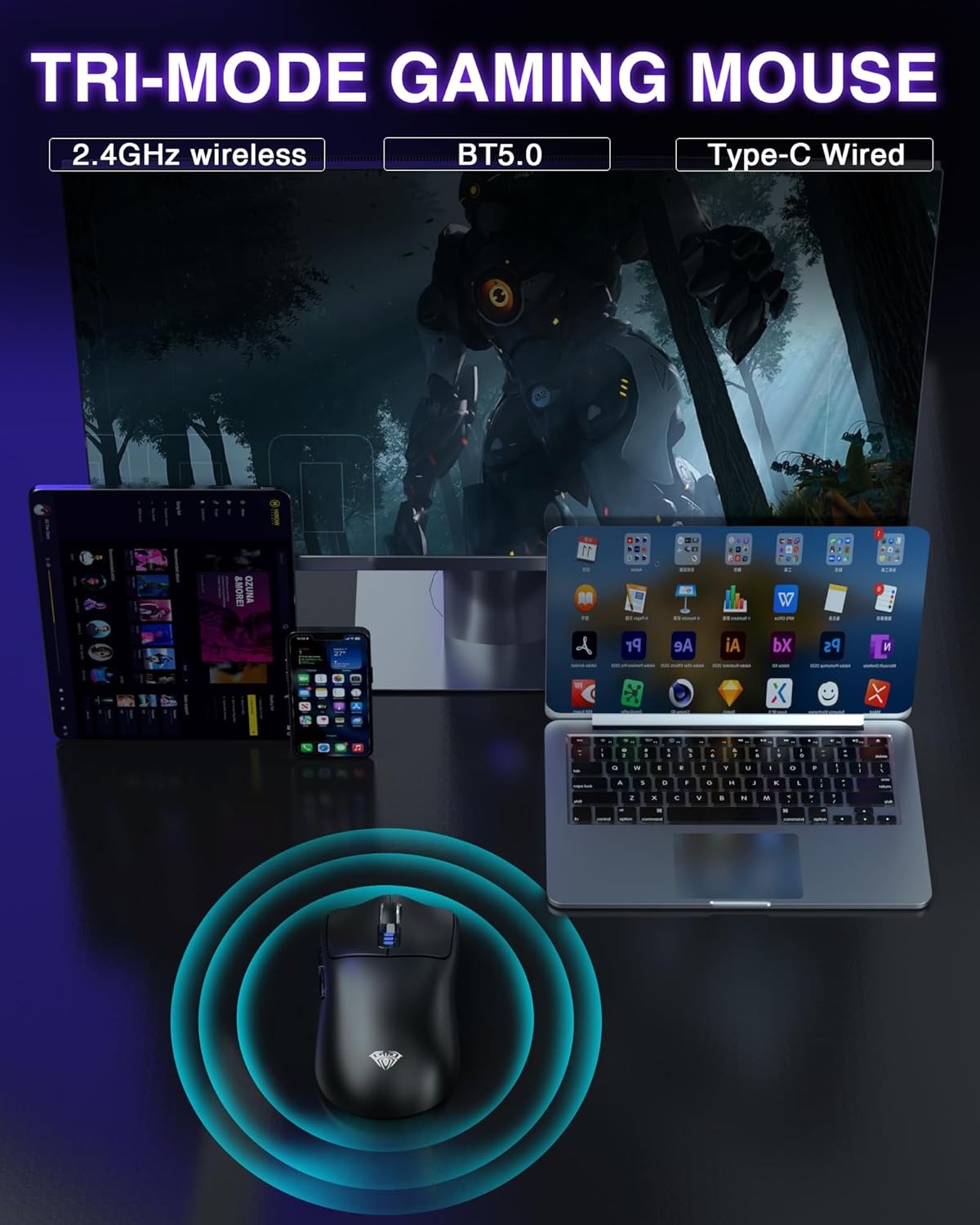 Detalle de AULA SC580 Wireless Gaming Mouse: Tri-Mode, 12000 DPI, Lightweight & Programmable