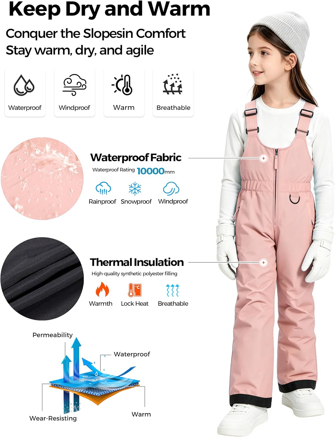 Detalle de Wantdo QT005 Girls’ Insulated Ski Bib Pants, 10,000 mm Waterproofing