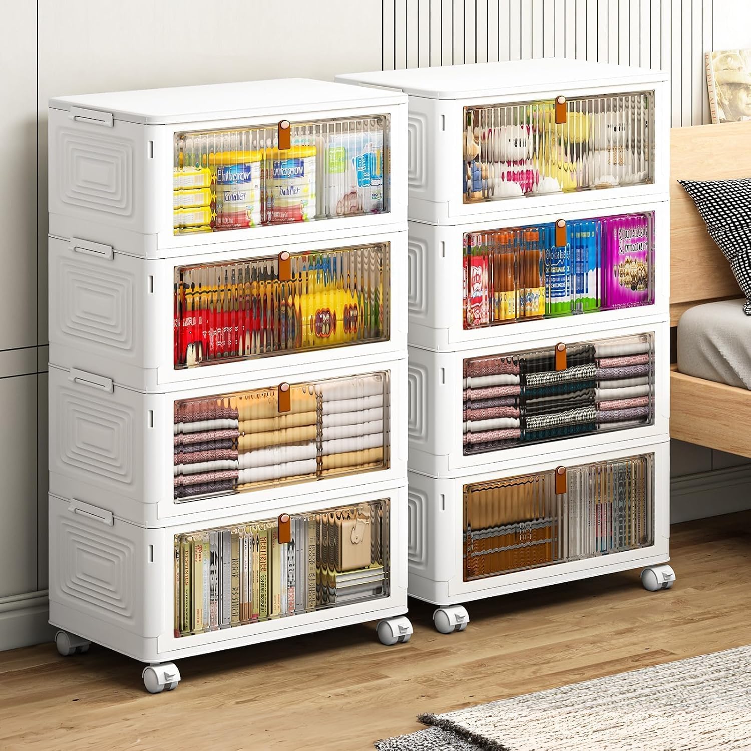 Detalle de PurKeep Aufbewahrungsbox mit Deckel (35 l) – 4er-Set mit Rädern, klappbar & stapelbar, weiß