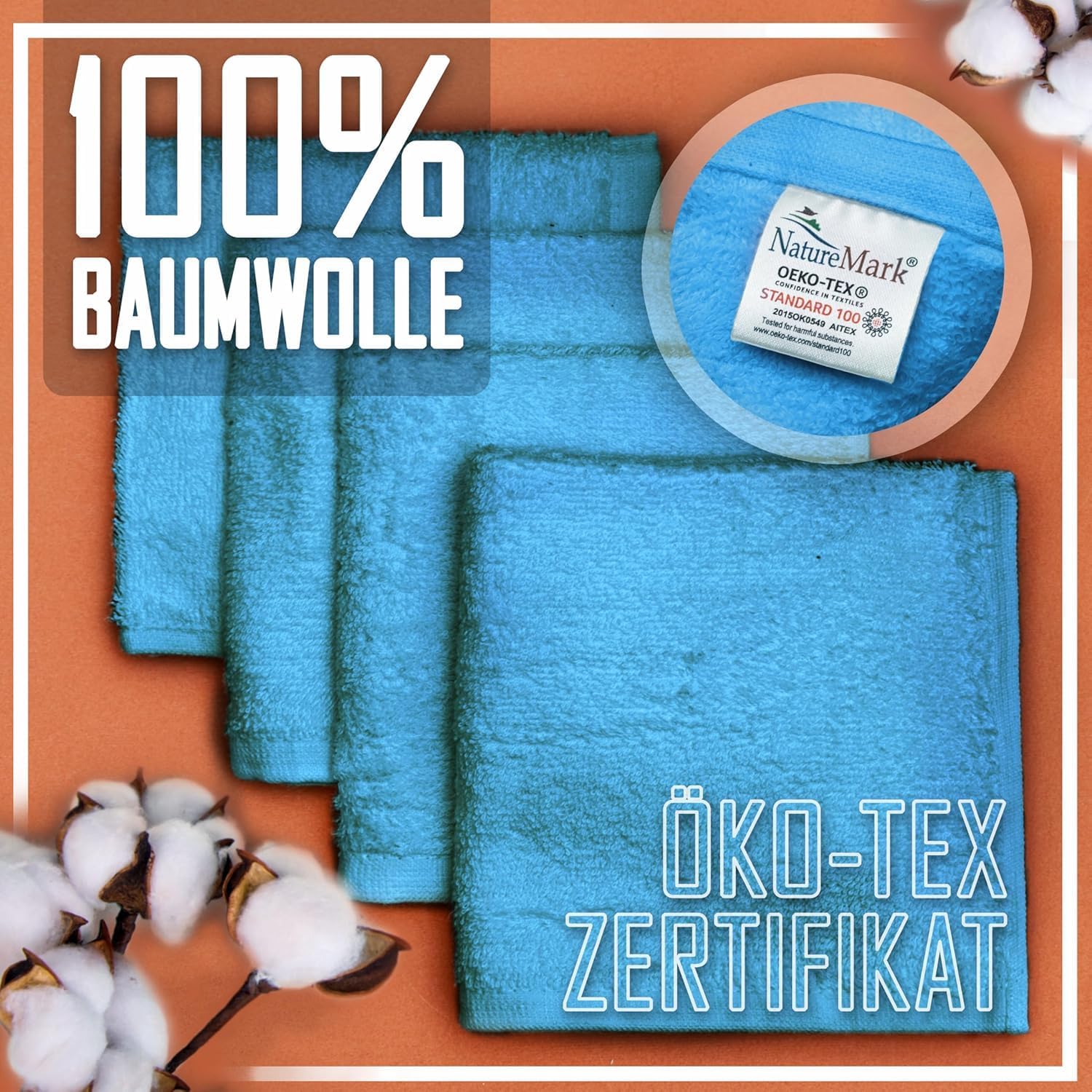 Detalle de NatureMark 10er-Set Frottee-Waschlappen für Gesicht & Hände (30×30 cm) aus 100% Baumwolle – türkis