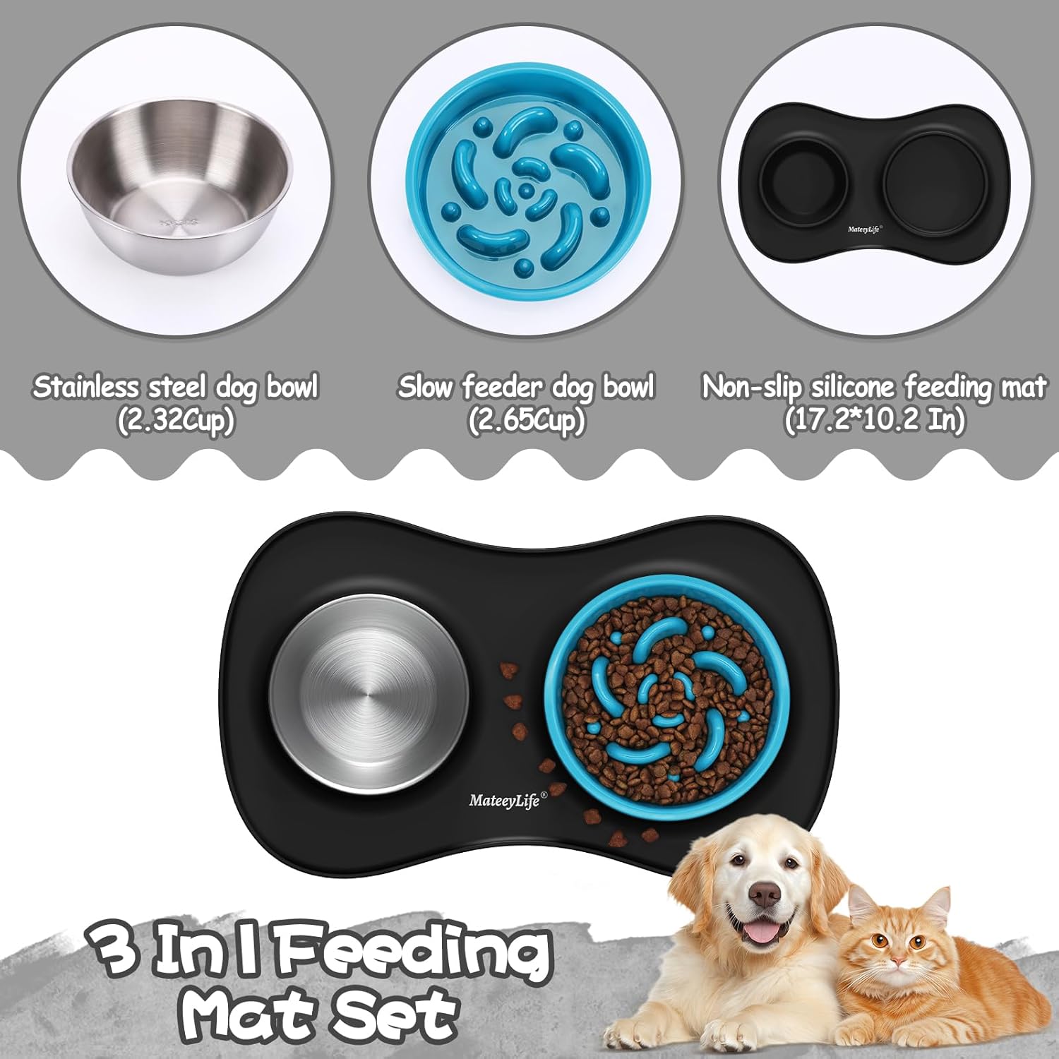 Thumbnail 6 de MateeyLife Dog Bowl Slow Feeder Set 3 in 1 (Stainless Steel Bowls & Non-Spill Silicone Mat)