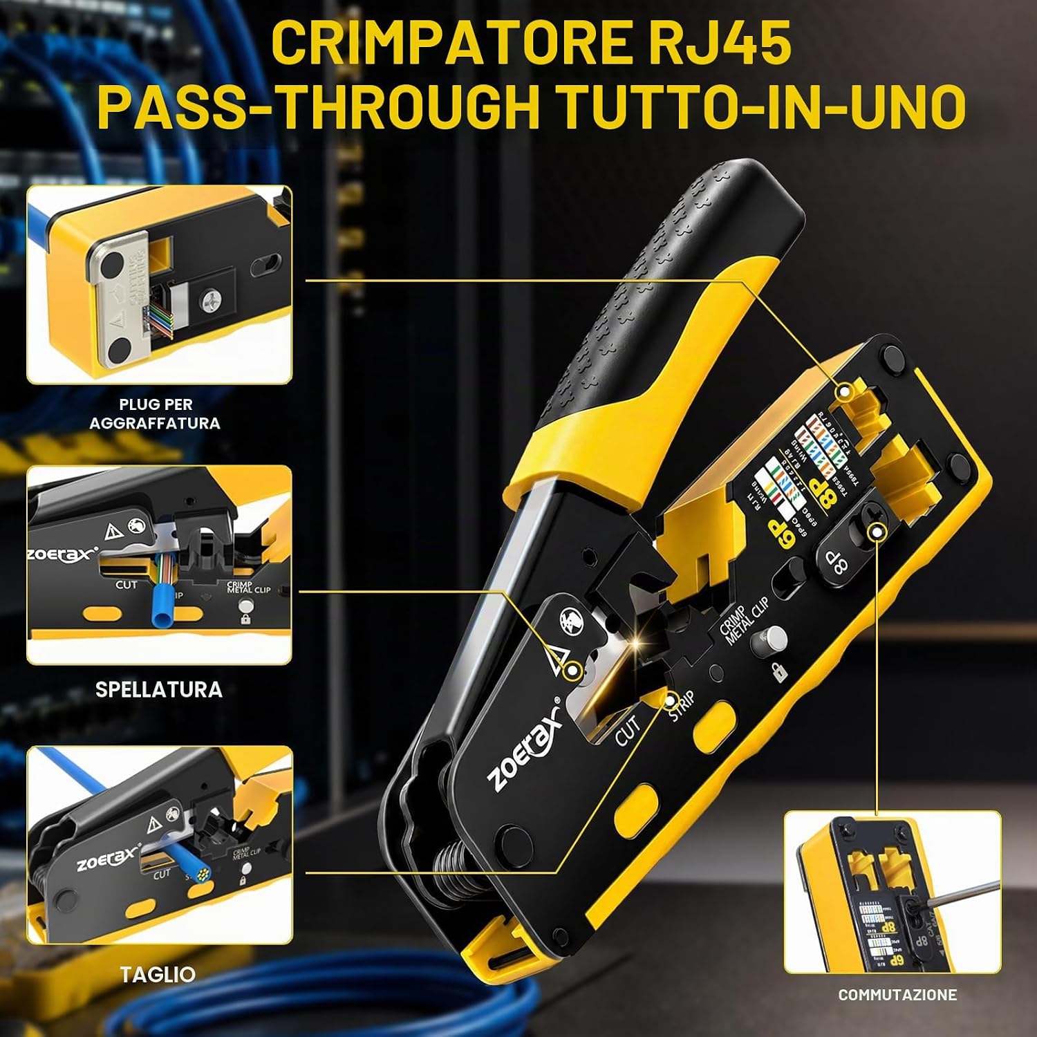 Thumbnail 4 de ZOERAX Kit Crimp Cat7 RJ45: strumento multi-modulare con tester, 50 connettori Cat6 e accessori