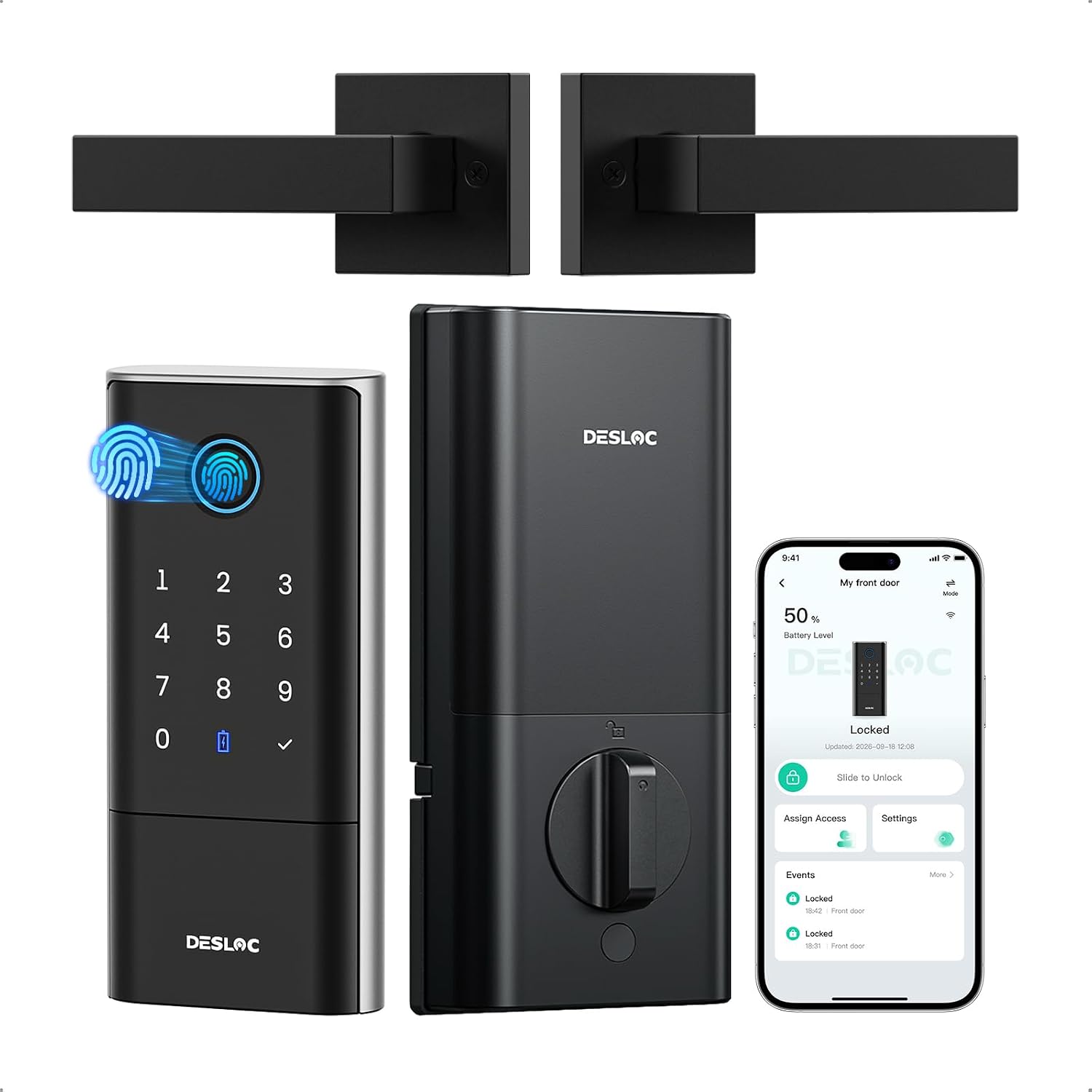 Detalle de DESLOC K120 Smart Door Lock with Fingerprint Access, Built-In Wi-Fi and Two Levers