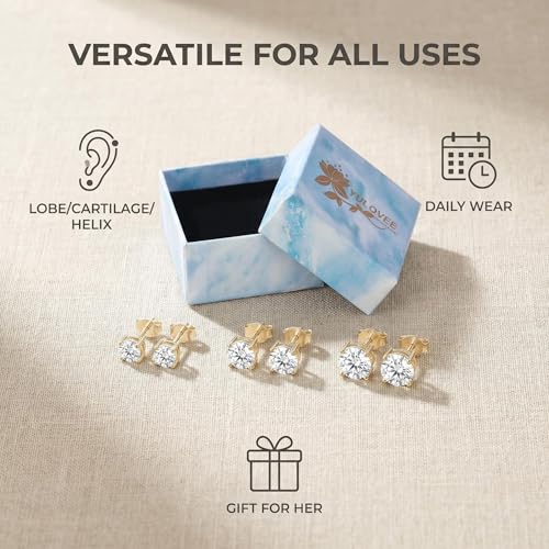 Detalle de Yulovee 9ct Gold Stud Earrings for Women – 3 Pairs of White Crystal Studs