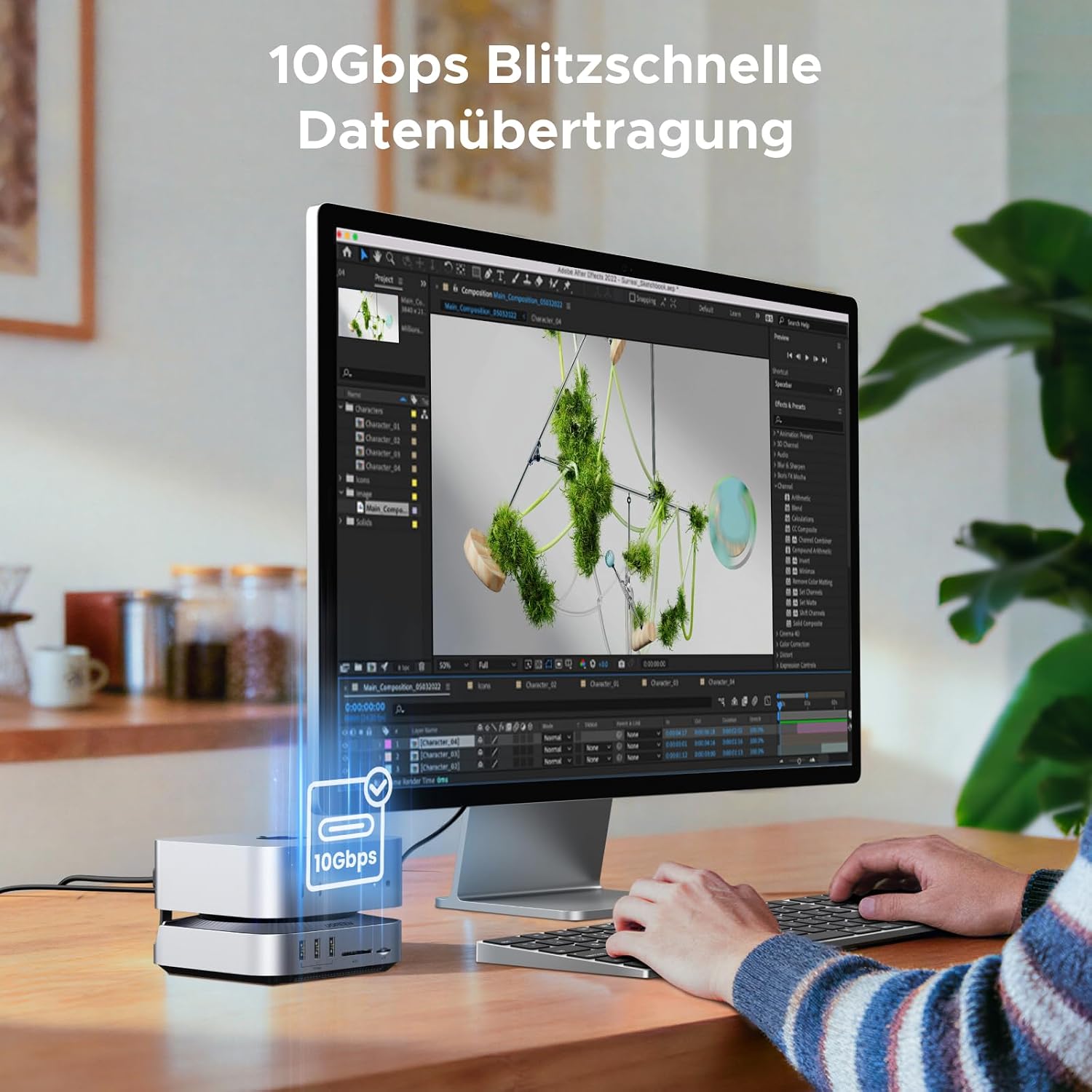 Detalle de UGREEN Mac mini M4 Dock: SSD-Erweiterung, 40Gbps NVMe, 5× 10Gbps Ports und 8K/4K-Display