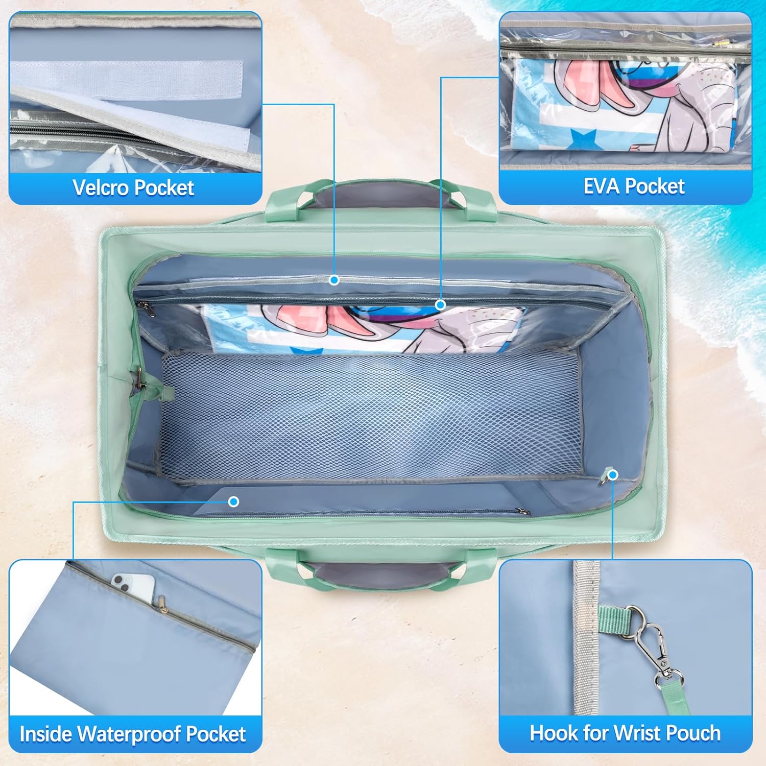Thumbnail 4 de BTNEEU Grand sac de plage XXL Famille 45L, pliable avec poches et compartiment humide séparé