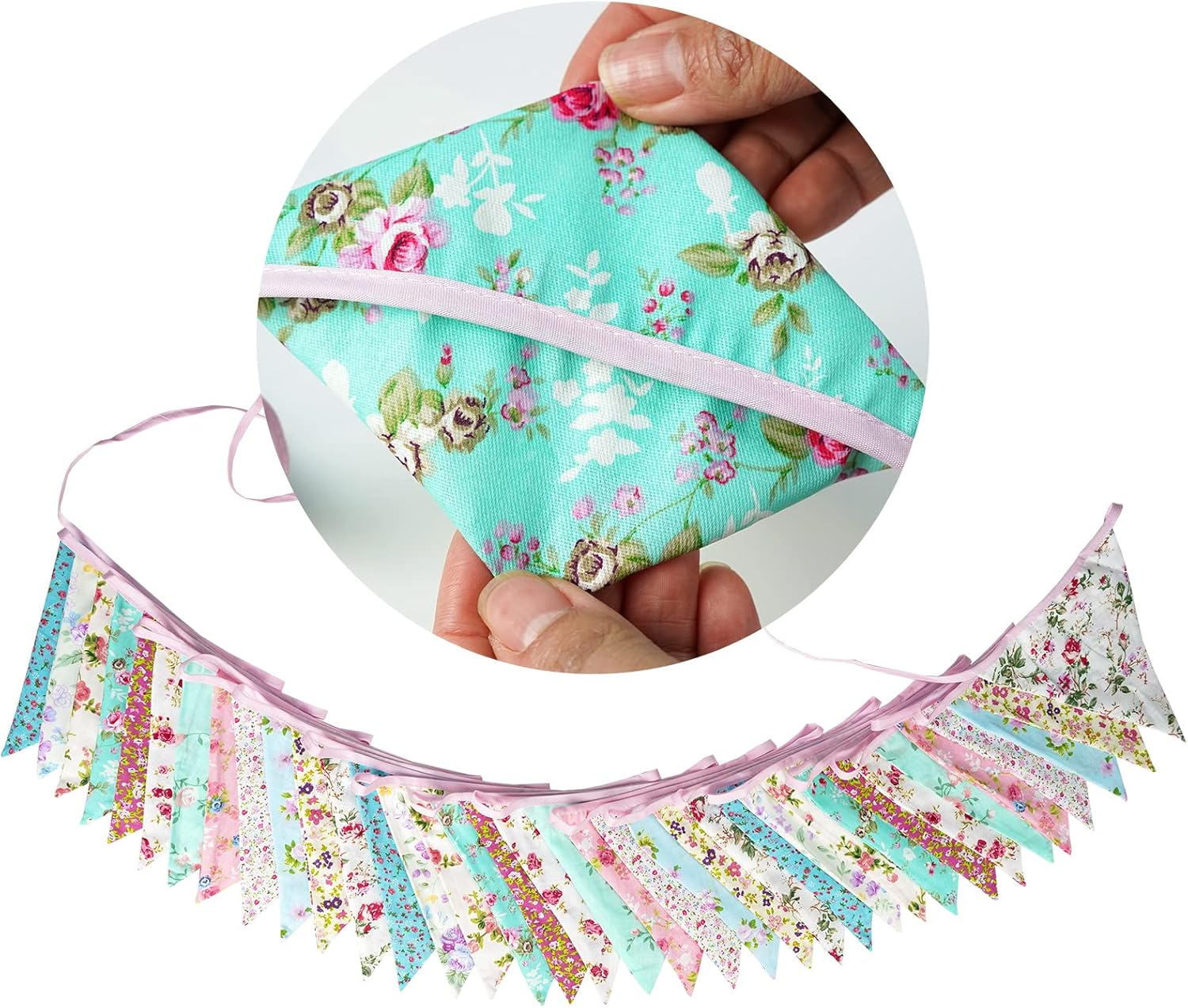 Detalle de G2PLUS Süße Beidseitig Wimpel Girlande – 10 m Stoffgirlande mit 36 bunten Wimpeln (Blau/Rosa) für Hochzeit & Feier
