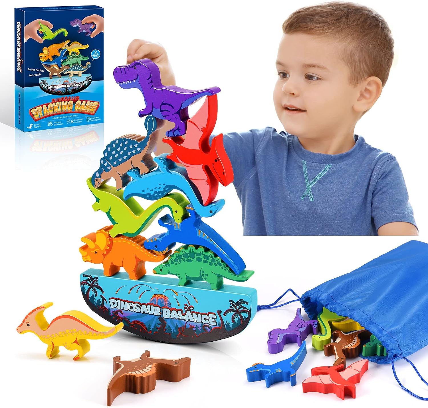 IPOURUP WJ12104 Wooden Dinosaur Stacking Toy with 10 Blocks and Storage Bag