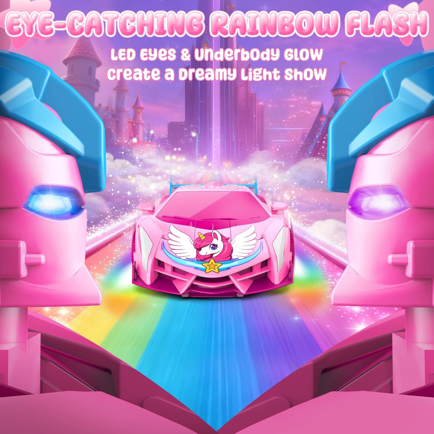 Detalle 2 de Unicorn 2.4GHz Remote Control Transform Cars with LED Lights (2-in-1) – one-button deformation & fast 360° rotation RC toy