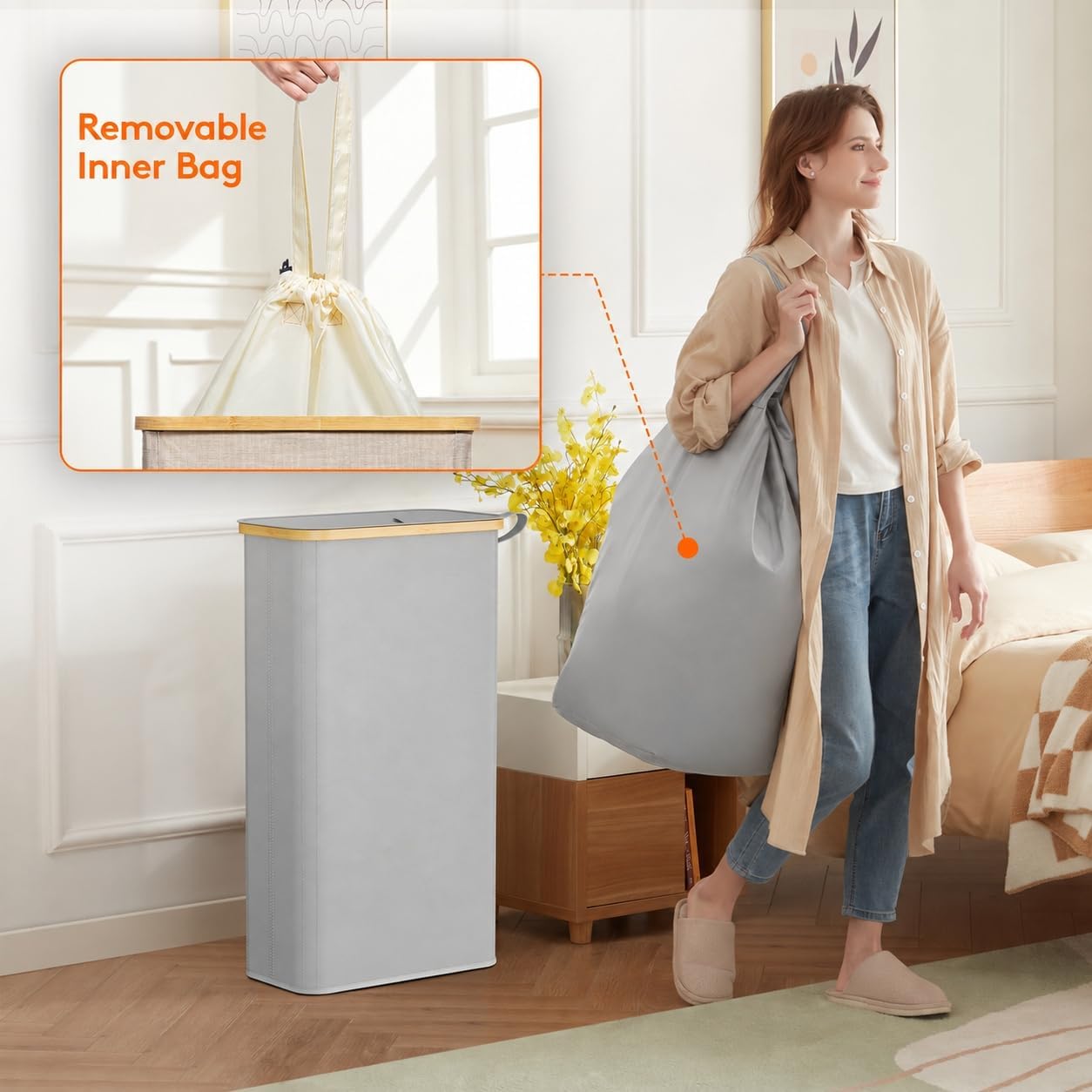 Detalle 2 de Lifewit 23177 Slim Laundry Basket with Lid, Silver Grey, Foldable Oxford Cloth