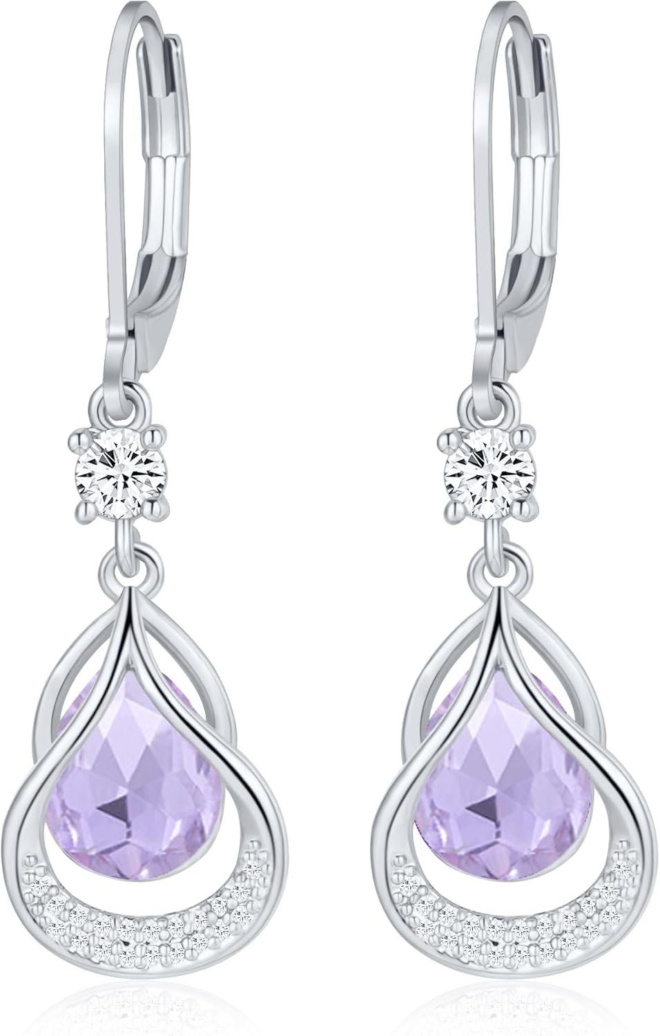Detalle de Gold Earring Trendy Leverback Birthstone Earrings 14K White Gold Teardrop Dangle – Birthstone June Jewellery