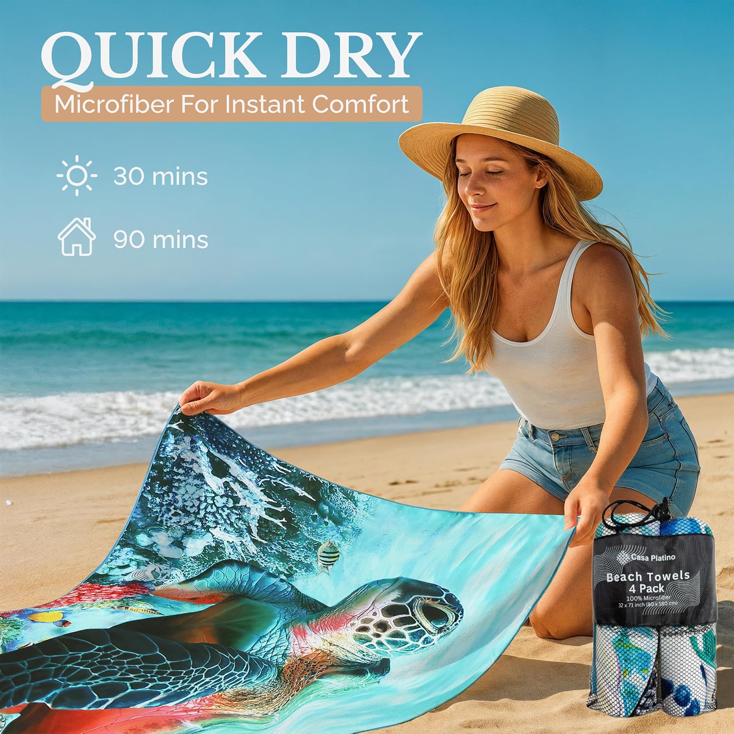 Detalle de Casa Platino 4-Pack Oversized Beach Towels – 71x32in Microfiber, Nebran