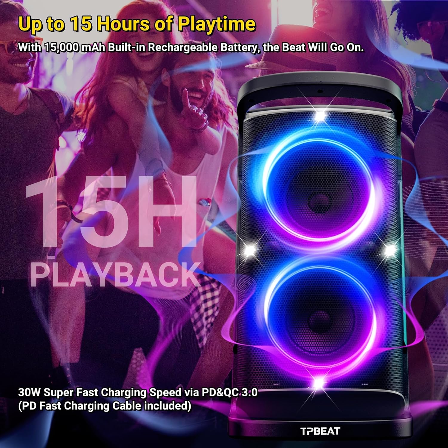 Thumbnail 4 de TPBEAT Portable Bluetooth Party Speaker: 160W Peak Power, Deep Bass & LED Light Show