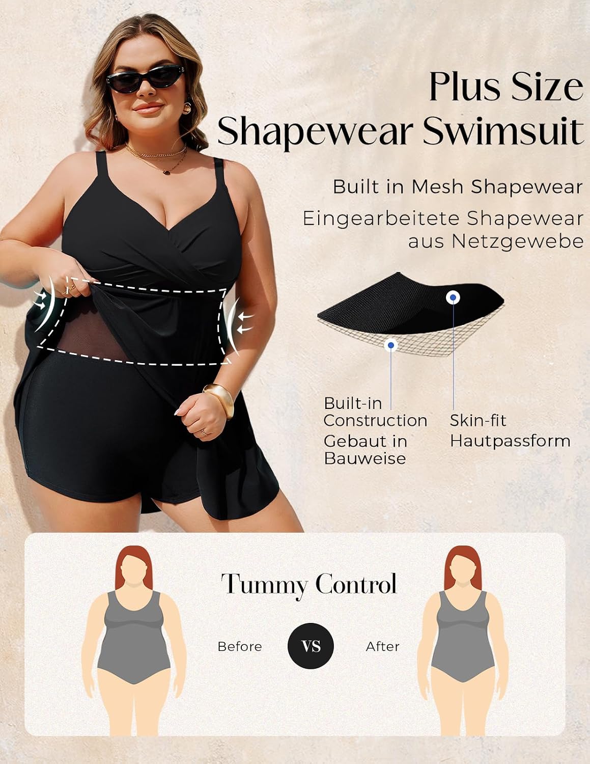Detalle de Hanna Nikole Badeanzug Damen Große Größen „Bauchweg“ mit Push-up & verstellbarem Crossover, Einteiler mit Badeshorts