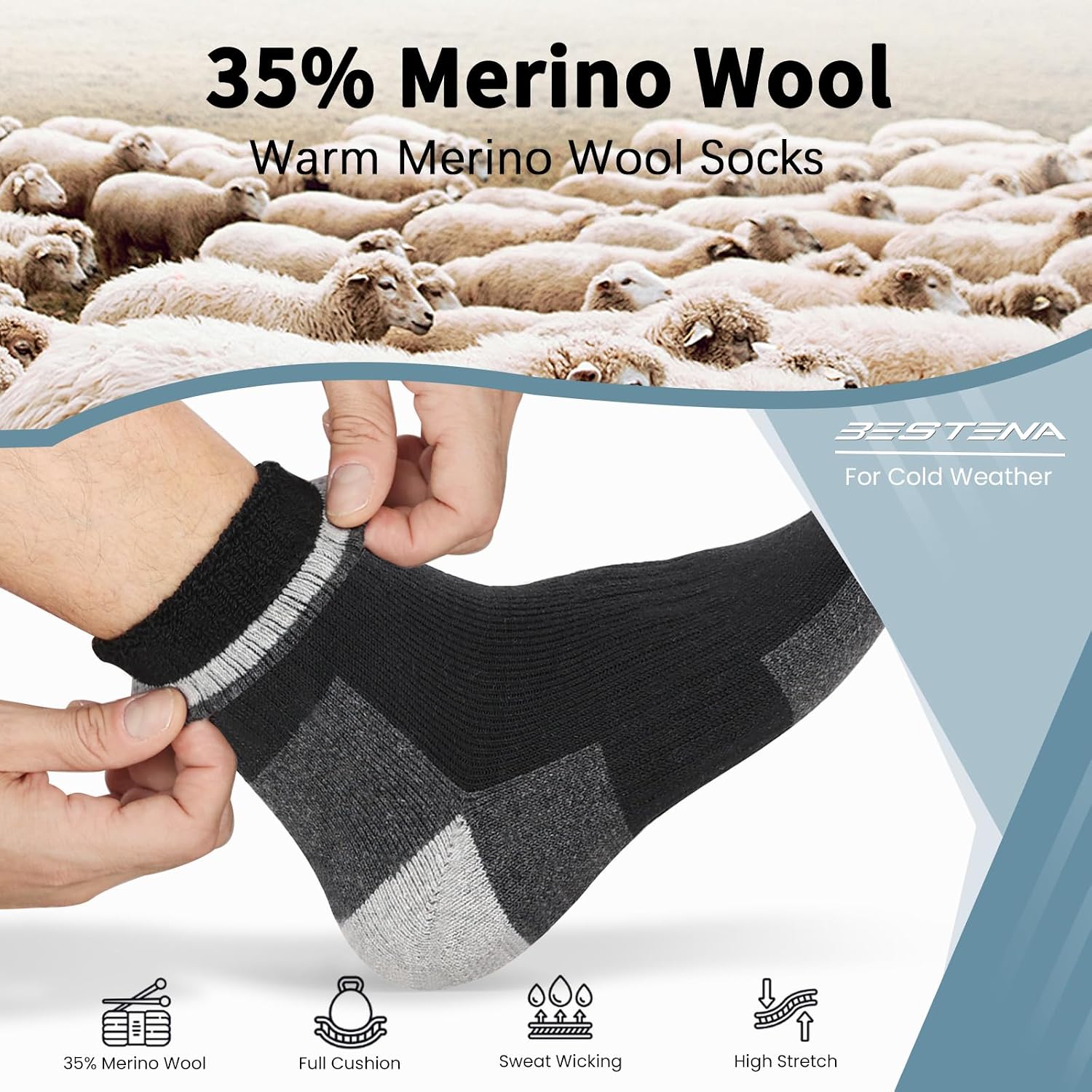 Thumbnail 1 de BESTENA Merino Wool Hiking Socks, 5 Pairs, Cushioned Thermal Crew Socks