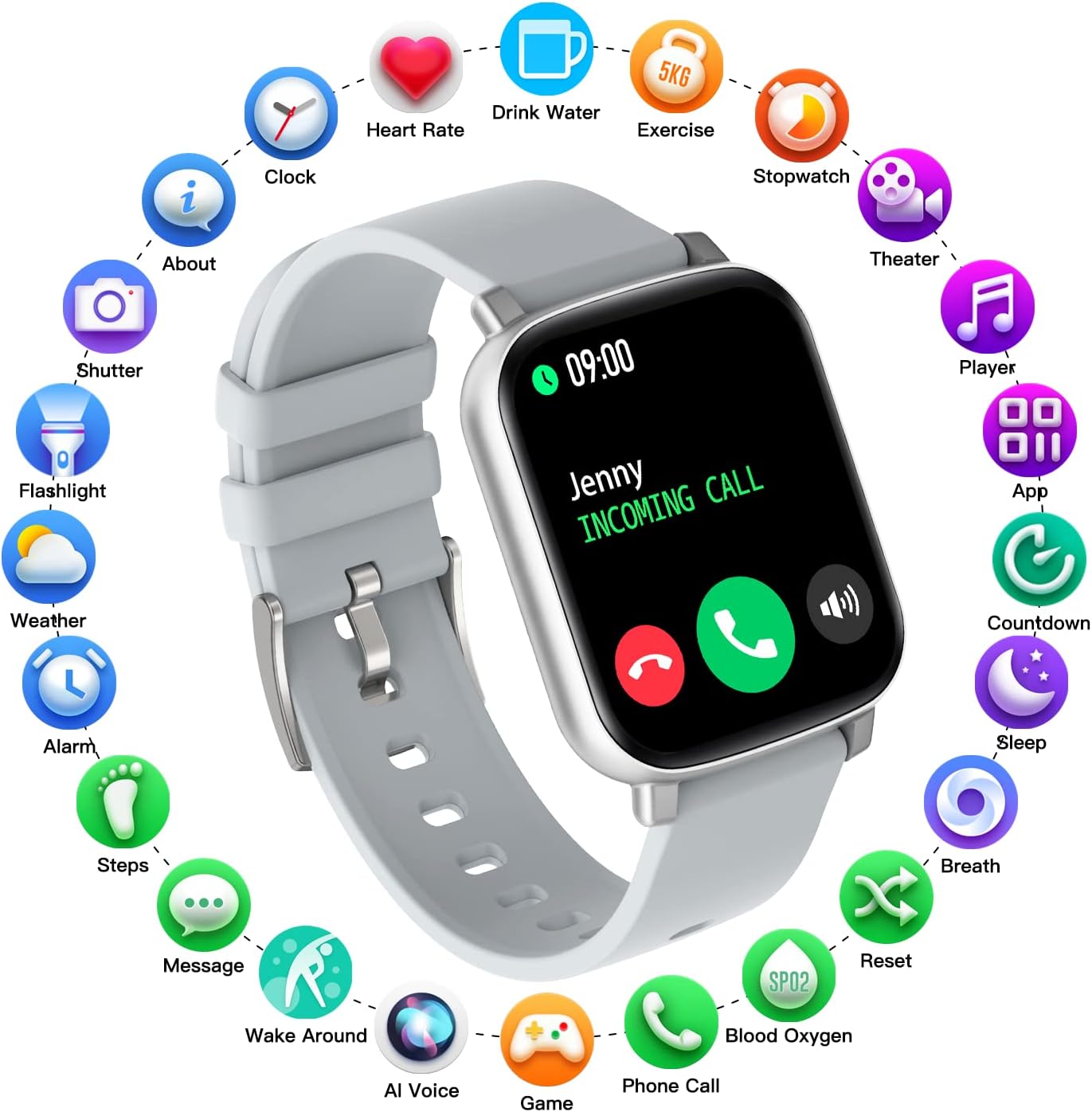 Detalle de FirYawee 1.7-inch touchscreen smart watch with call support, SpO2, heart rate and IP68 (silver)