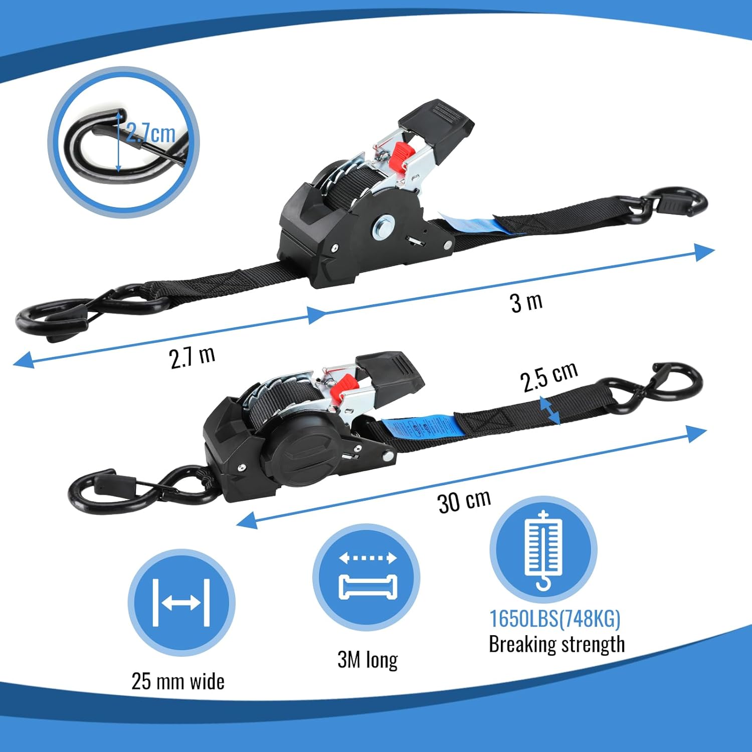 Thumbnail 1 de TLGREEN Cinghie di ancoraggio autoavvolgenti (4 pezzi, 3 m x 25 mm) con ganci a S – rottura 748 kg