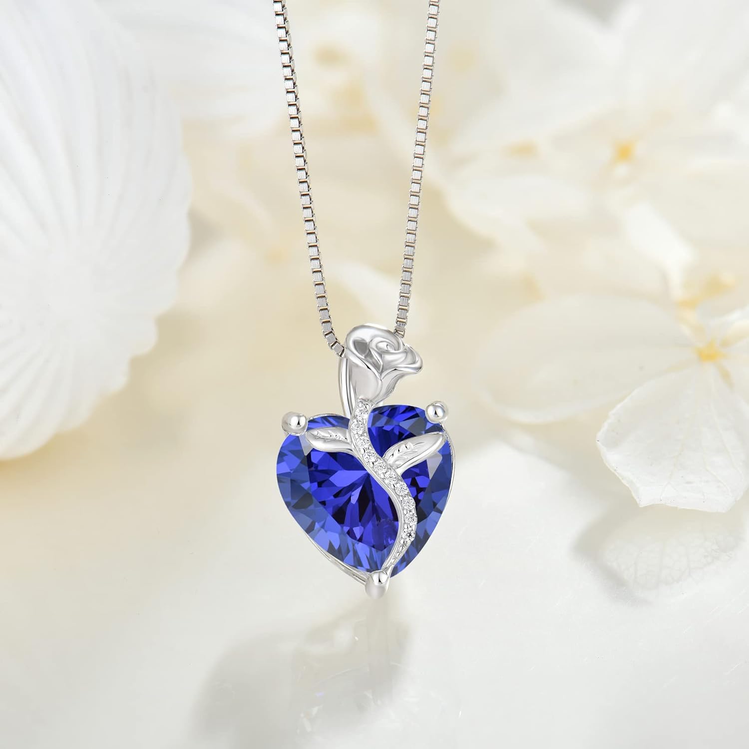 Thumbnail 2 de FJ Herz-Kette Damen aus 925 Sterling Silber mit Geburtsstein & Rosenblüte (Anhänger) – Geschenk für Mutter, Freundin