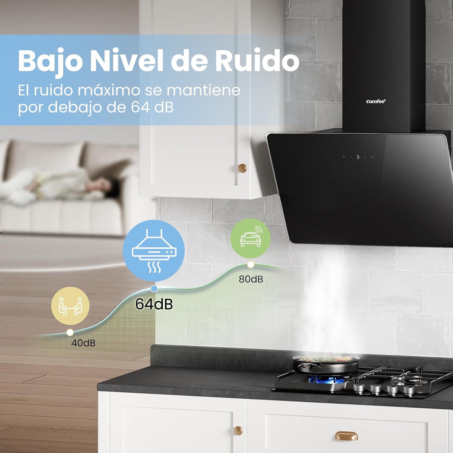 Detalle de COMFEE' ANGJ64B-60 Hotte inclinée 60 cm en Verre Trempé Noir – LED, 3 vitesses, recyclage ou évacuation