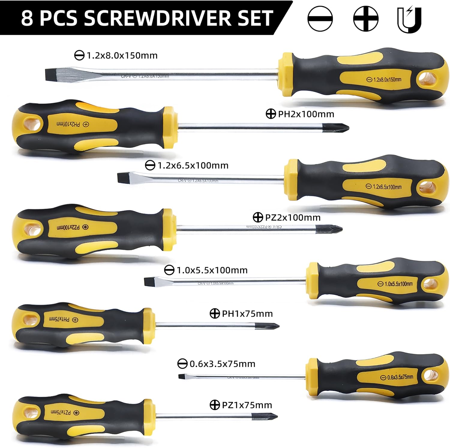 Thumbnail 2 de CCLIFE Set di 8 Cacciaviti Magnetici CR-V con astuccio: 4 testine piatte, 2 a croce e 2 Pozidriv