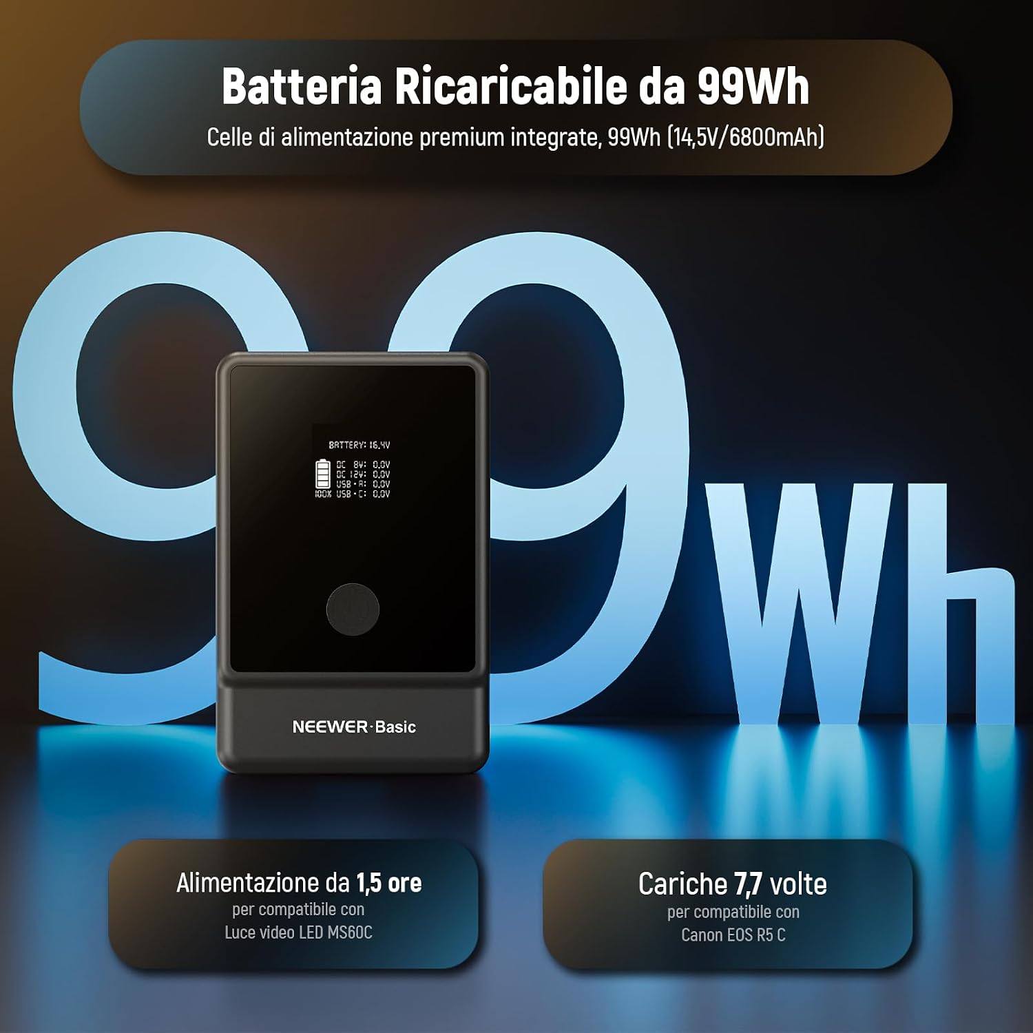 Detalle 2 de NEEWER BASICS PS099E Batteria V Mount mini con display OLED e ricarica USB-C PD 65W
