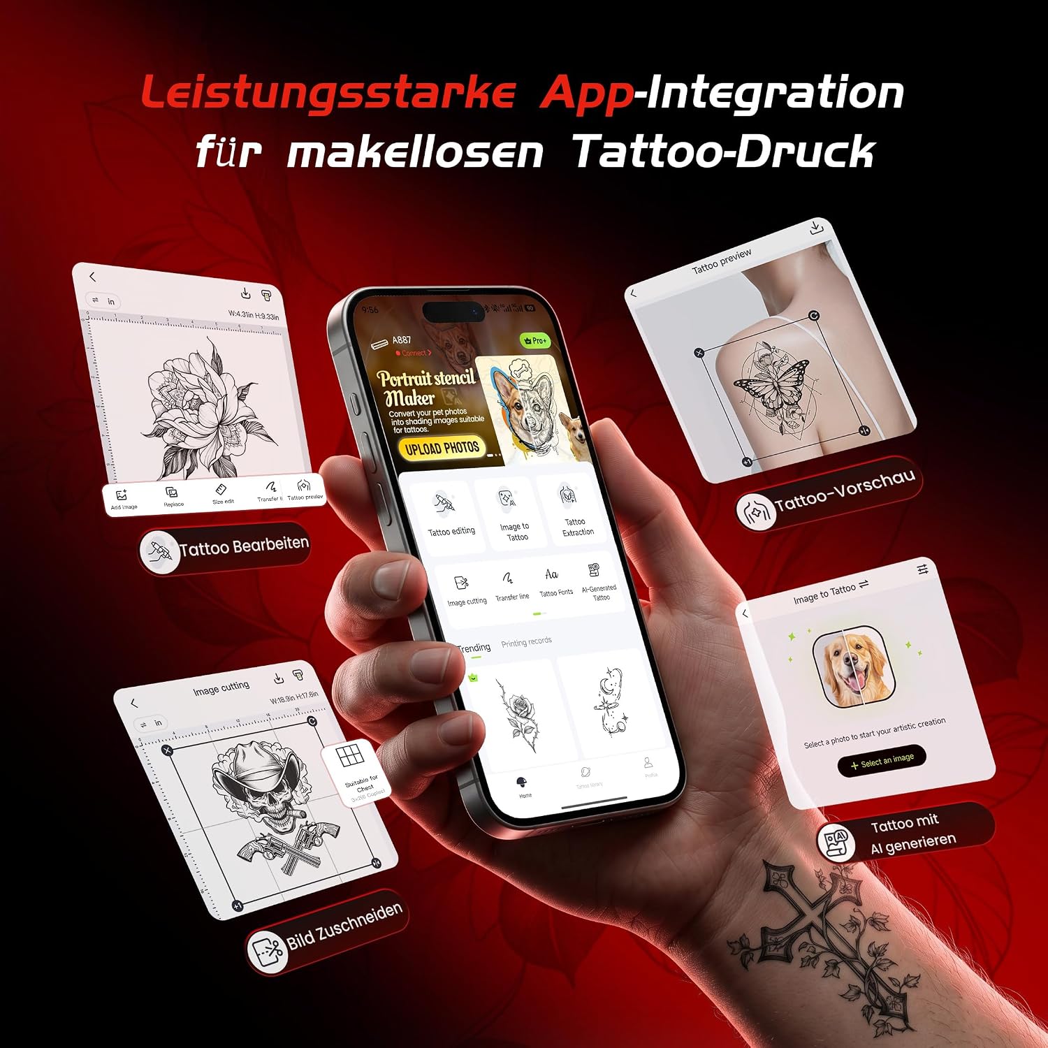 Detalle de TATTMUSE Tattoo Drucker Bluetooth – Schablonen-Nadeldrucker mit 100 Blatt Transferpapier (A887)