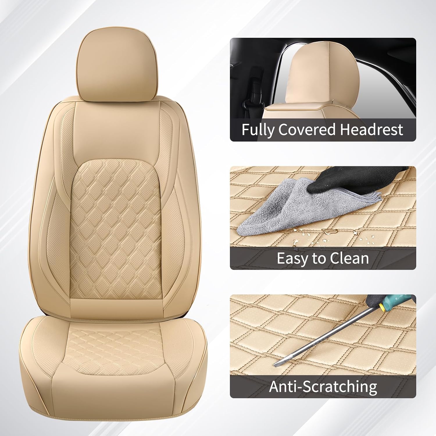 Detalle de Huidasource F150/F250/F350 Front & Rear Leather Seat Covers (Beige) for 2015-2025 Ford SuperCrew & 2017-2025 Super Duty Crew Cab