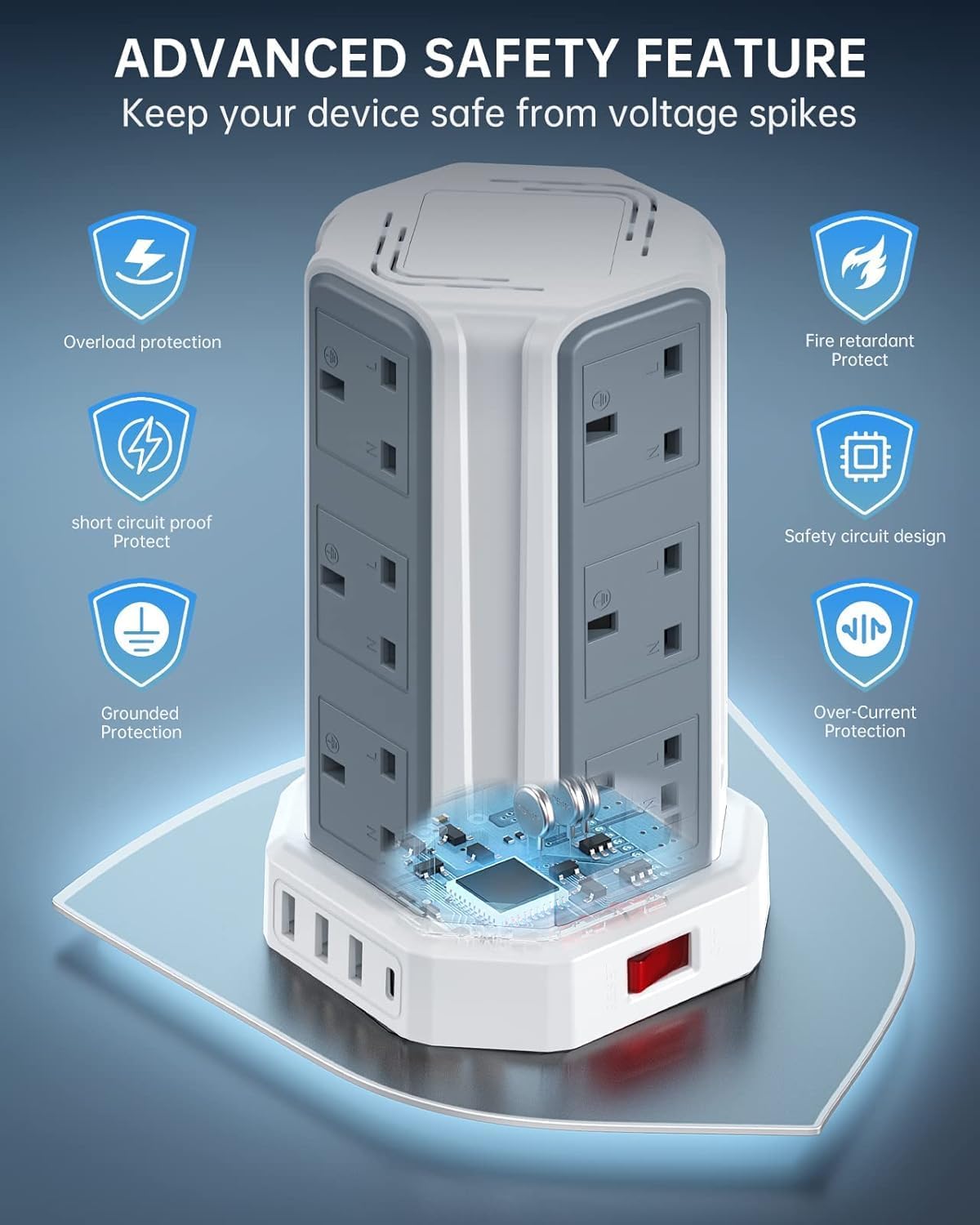 Thumbnail 4 de Tower Extension Lead 3M, Aodeng 12-Way Tower Extension with 4 USB Ports and Surge Protection