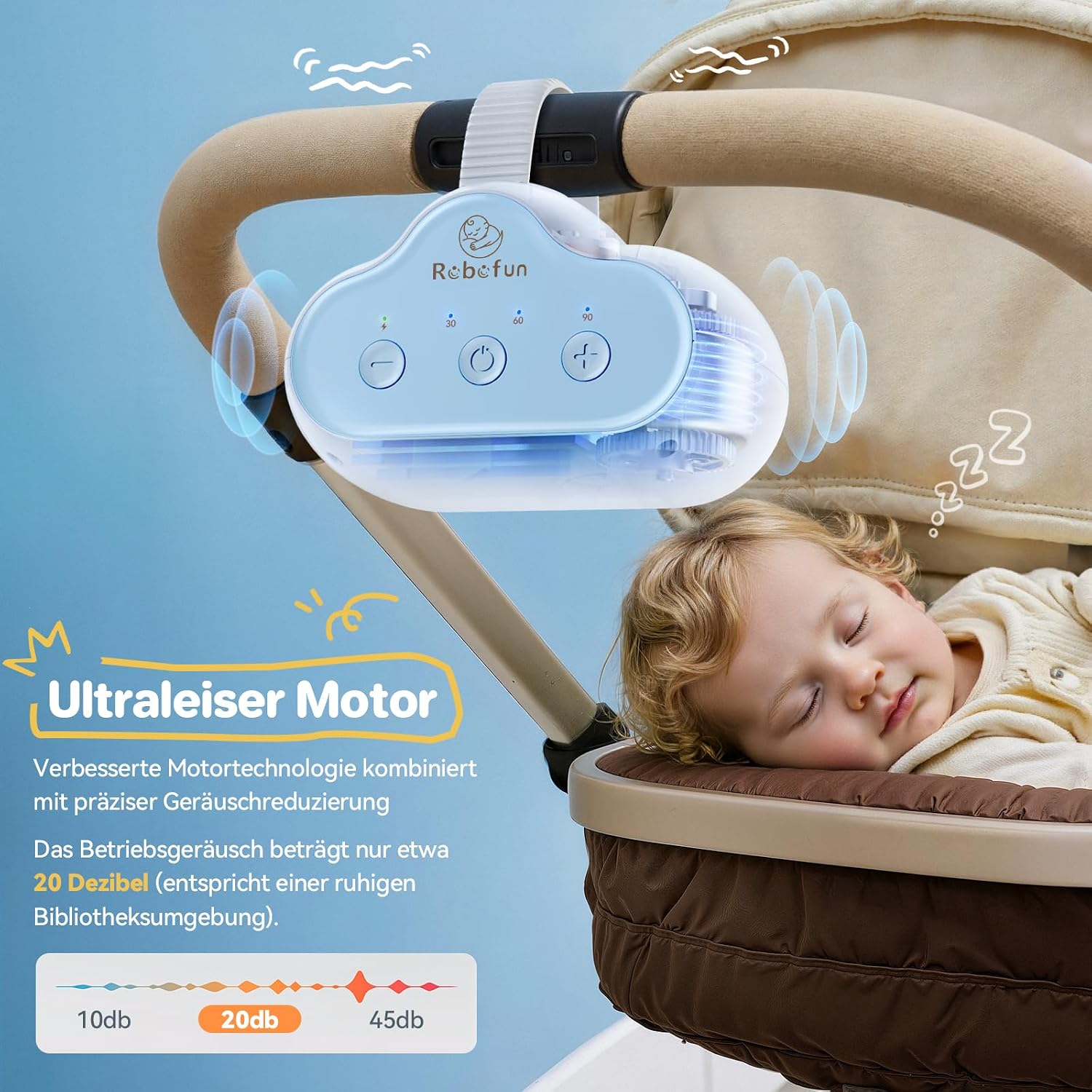 Detalle 1 de Robofun Kinderwagenschaukler Schlafhilfe USB-C