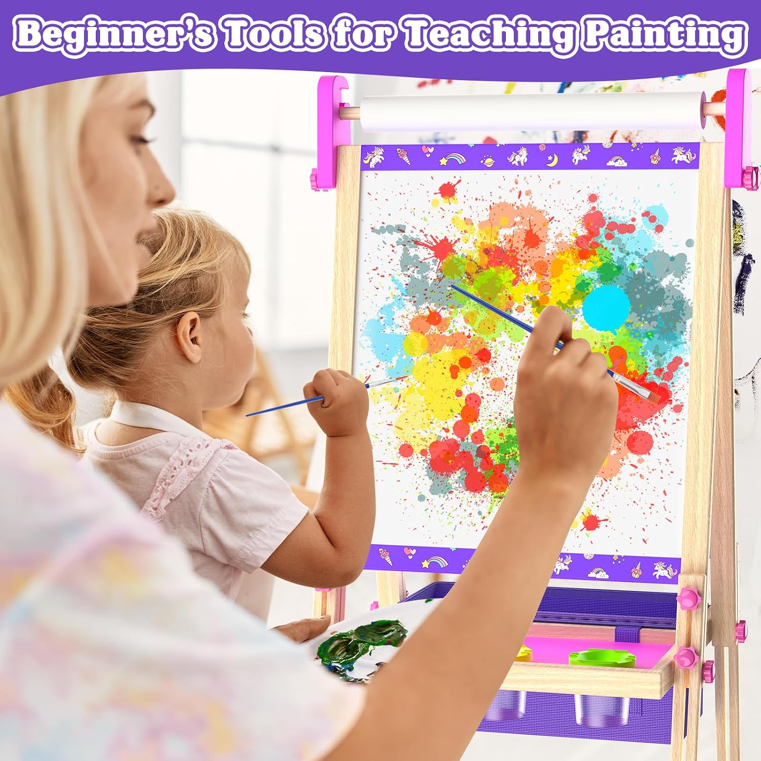 Thumbnail 3 de Kids Art Easel for Ages 4–8 with Paper Roll, Markers, Paint, Chalk & Magnetic Accessories