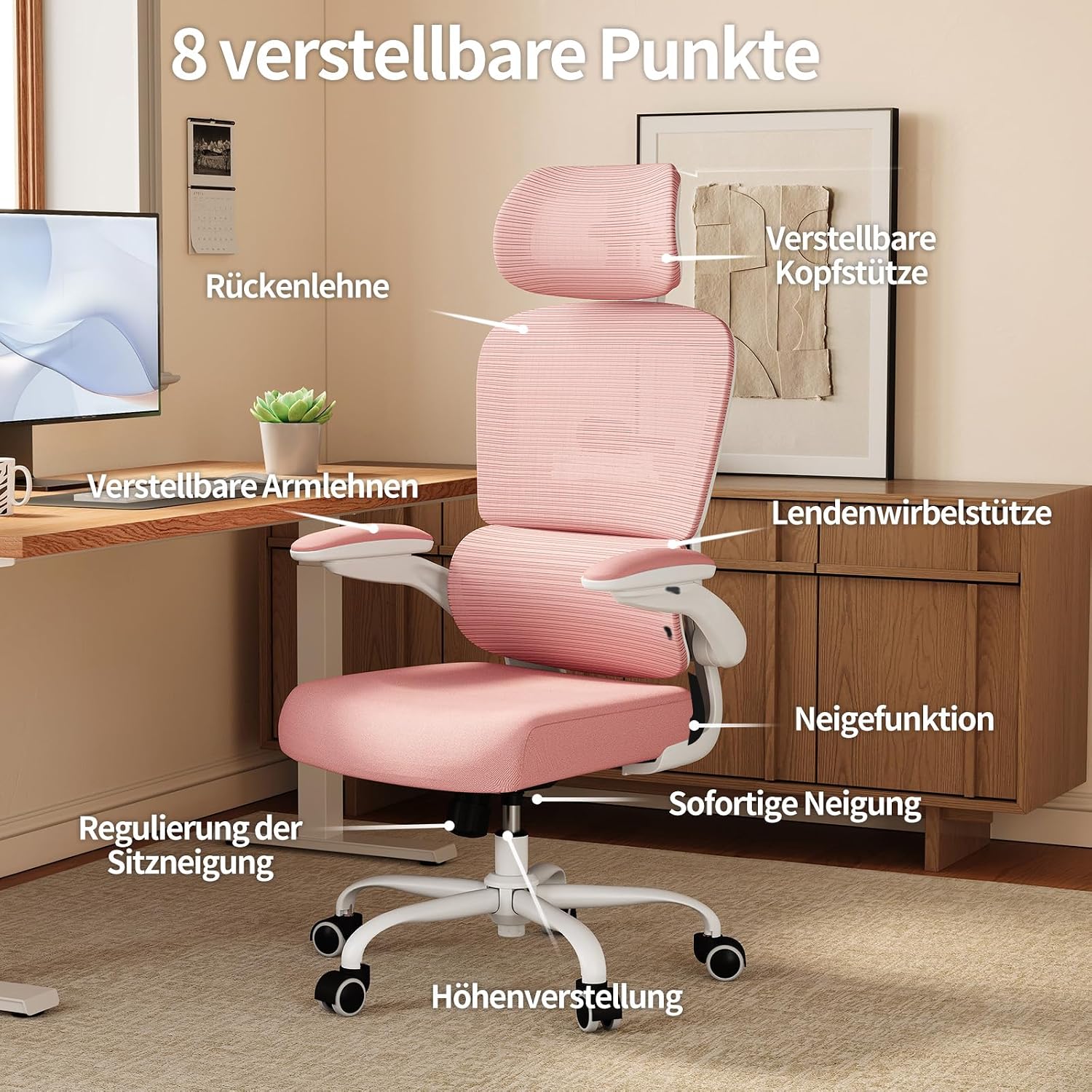 Detalle de TRALT Bürostuhl ergonomisch mit verstellbarer Lordosenstütze, Kopfstütze und 150 kg Tragkraft – rosa