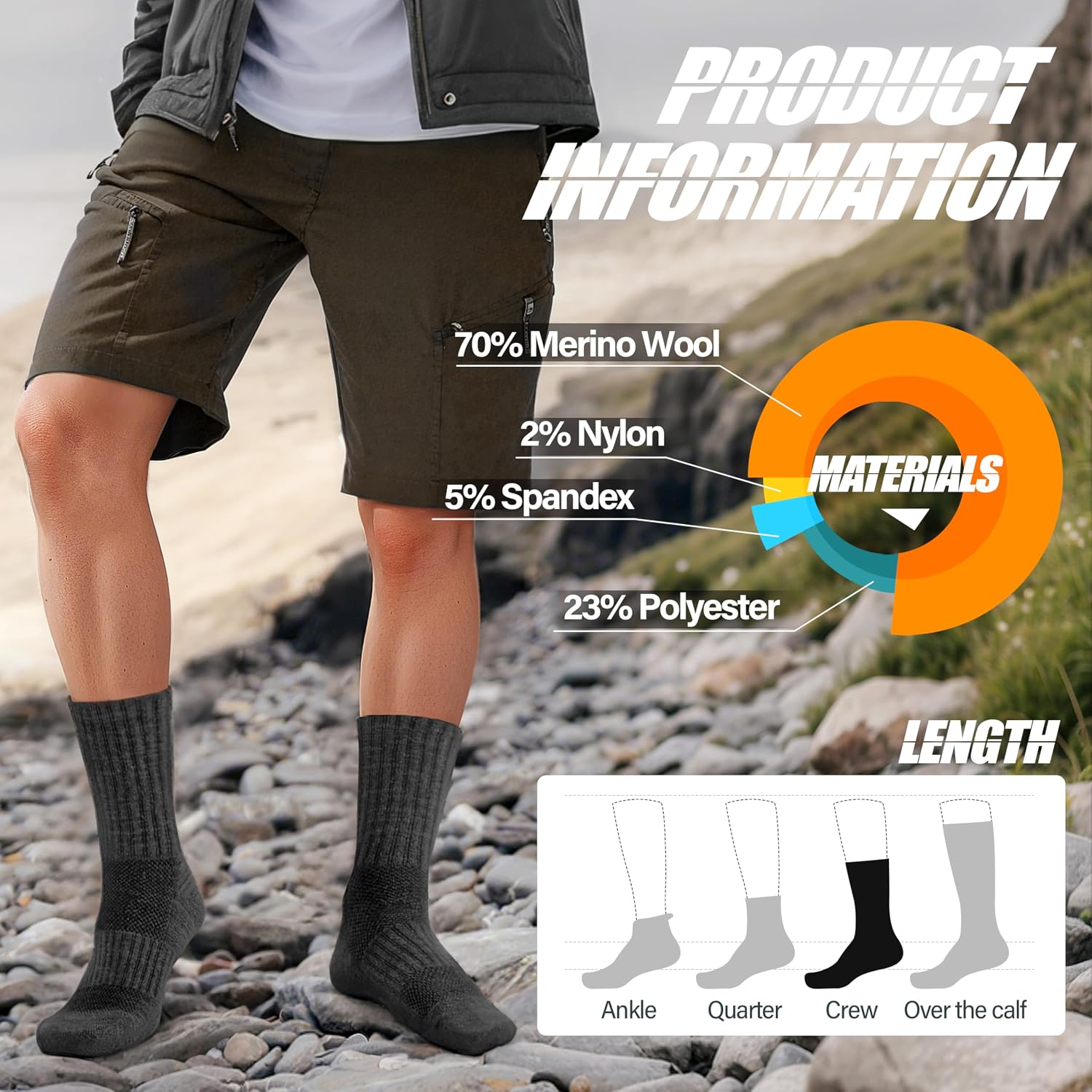 Detalle 2 de ANTSANG Merino Wool Hiking Socks, 5 Pairs with Cushioning & Mesh Ventilation