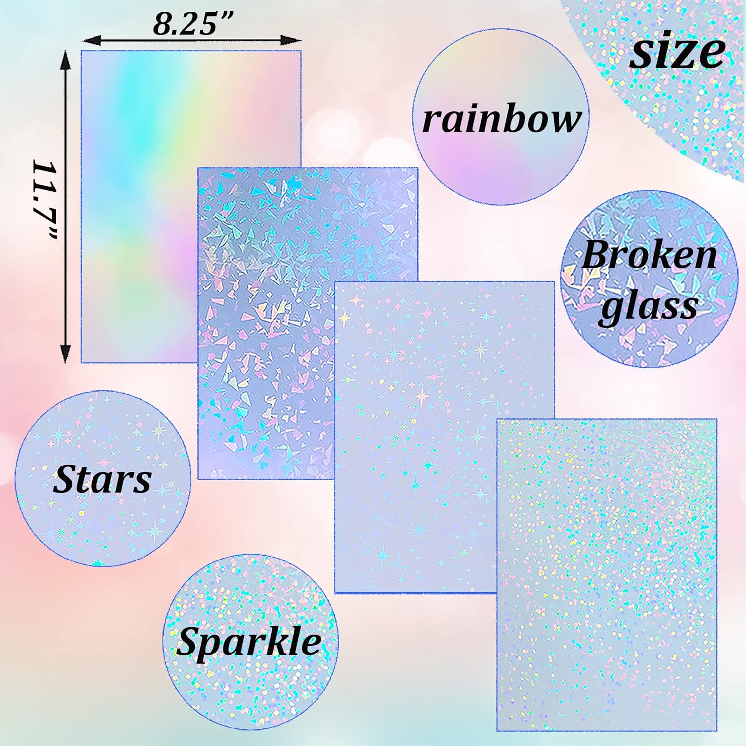Thumbnail 1 de Holografische Vinyl-Overlay-Aufkleber (32 Blatt, A4, transparent) – 4 Designs gemischt, selbstklebend