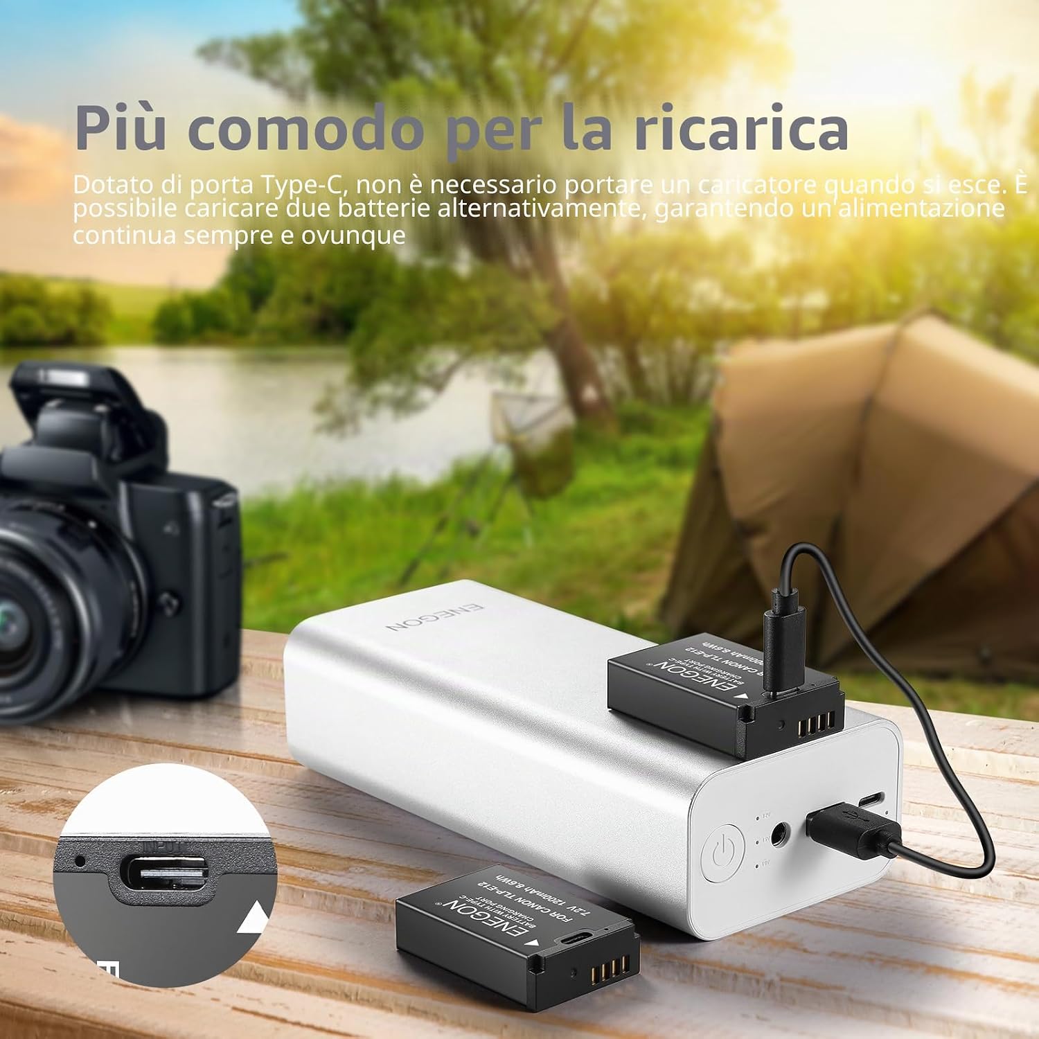 Thumbnail 1 de ENEGON LP-E12 Batterie di Ricambio con Ricarica Diretta USB-C (2x 1200mAh) + Cavo 2-in-1 per Canon Rebel SL1 e EOS/M Series