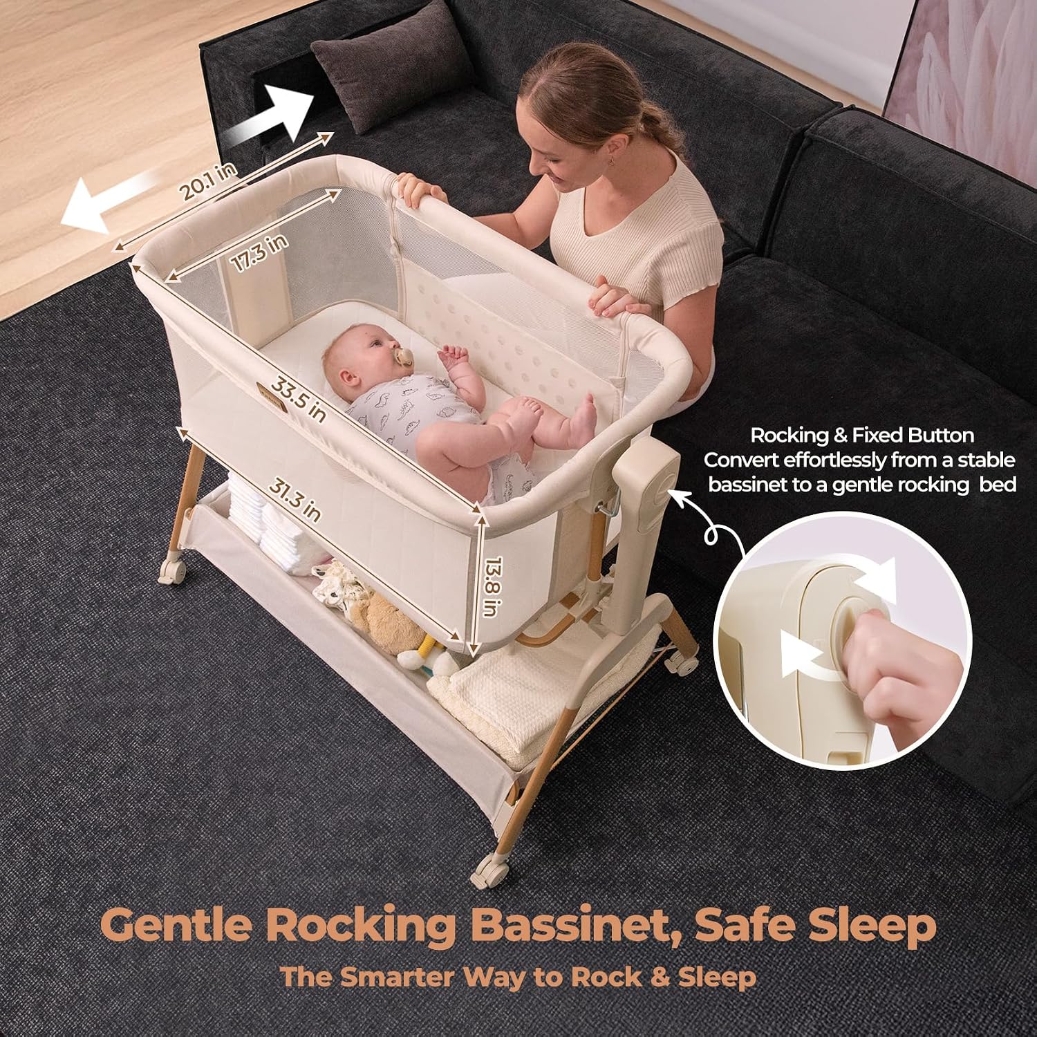 Detalle 1 de Ezebaby OD-B19 3-in-1 Bedside Bassinet with Mesh Sides and Lockable Wheels
