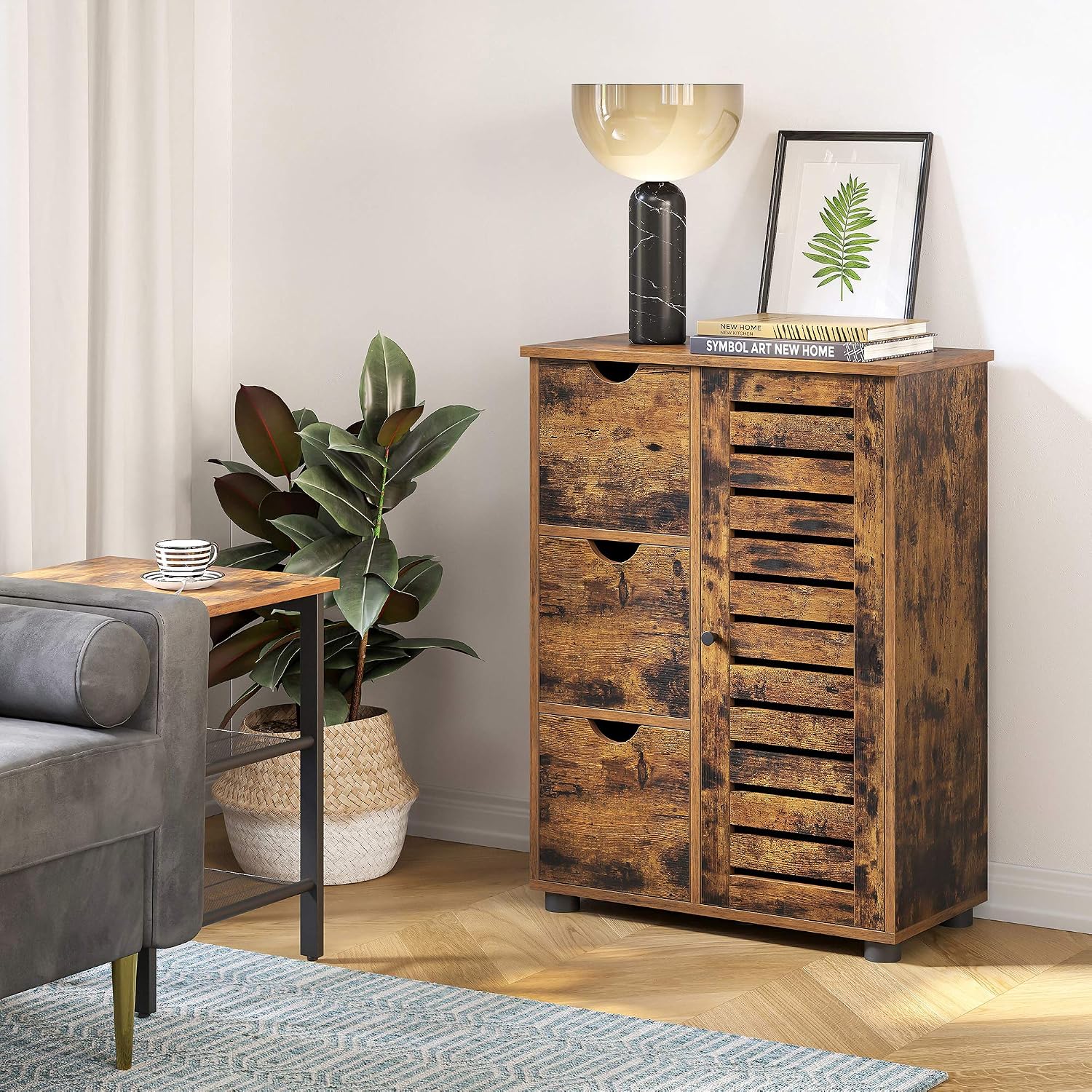 Detalle de VASAGLE BBK143X01 Bathroom Floor Cabinet, Rustic Brown, 3 Drawers