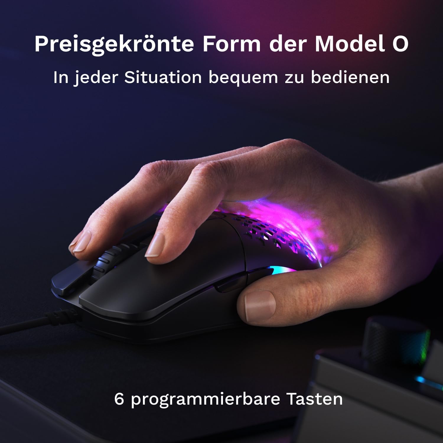 Detalle de GLORIOUS Model O Eternal – Kabelgebundene Gaming-Maus, 55 g, 12K DPI, Schwarz
